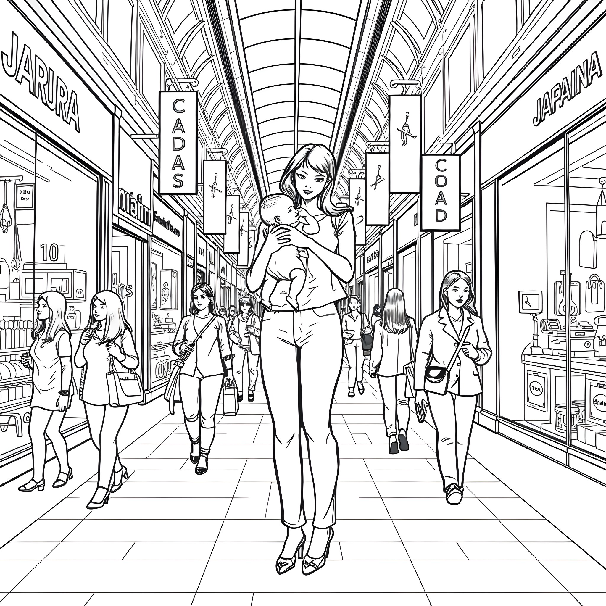 Lady walking in a bustling city street with shops Coloring Page (free black-and-white line drawing printable PDF for all, from beginners to advanced learners, including children, teens, adults, and seniors)