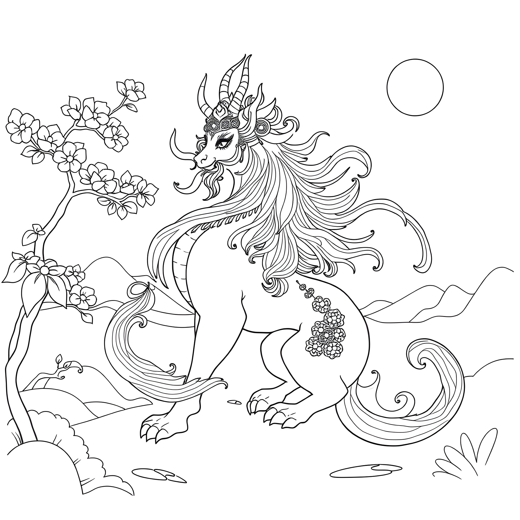 Mishipeshu, the Mythical Creature in a Serene Landscape Coloring Page (free black-and-white line drawing printable PDF for all, from beginners to advanced learners, including children, teens, adults, and seniors)