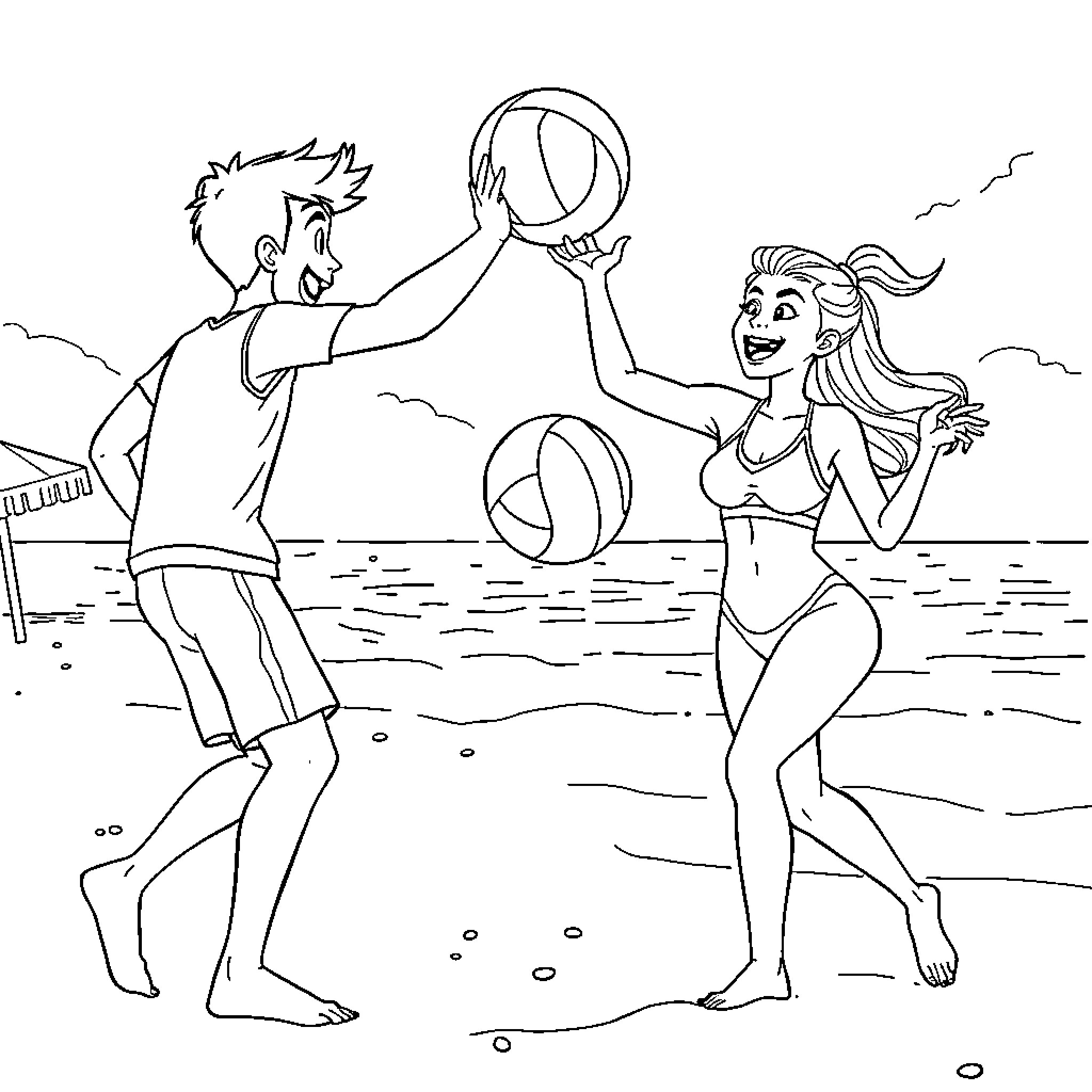 Tom Holland and friend playing beach volleyball Coloring Page (free black-and-white line drawing printable PDF for all, from beginners to advanced learners, including children, teens, adults, and seniors)