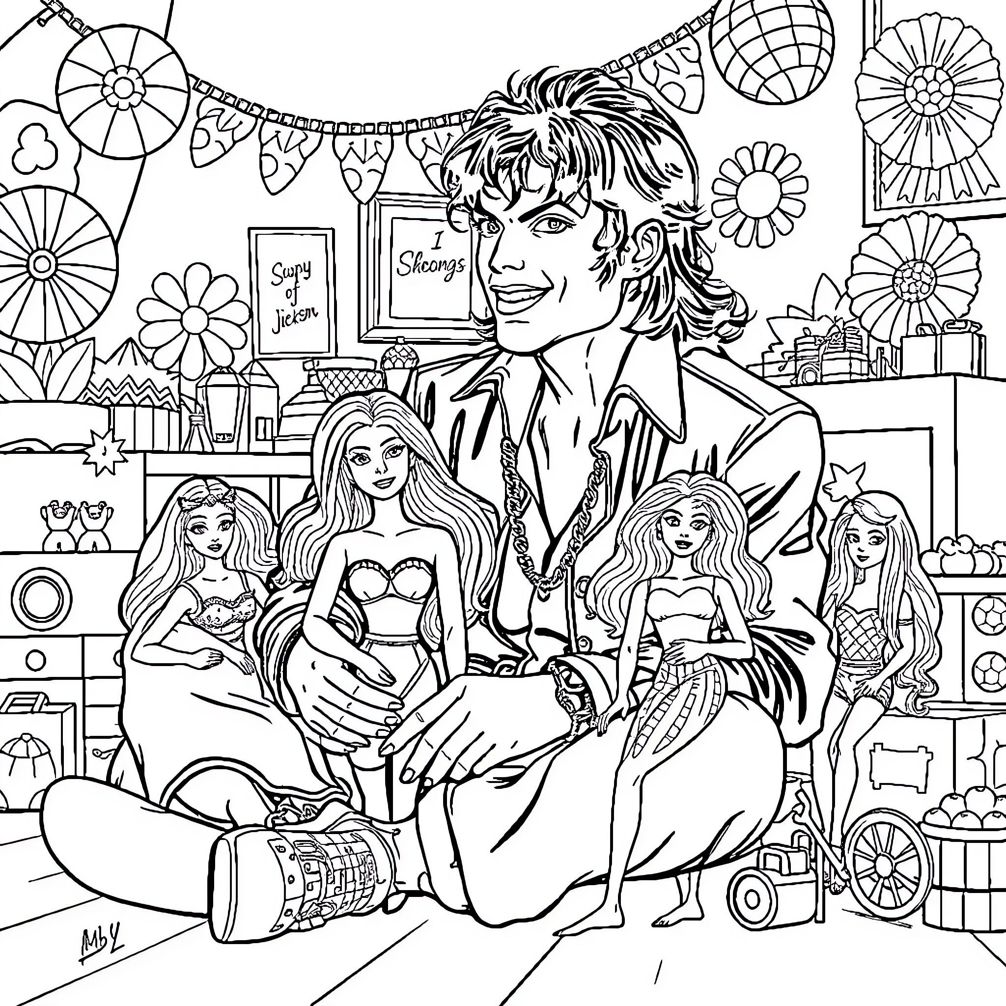Michael Jackson Surrounded by Vibrant Imagery and Iconic Figures Coloring Page (free black-and-white line drawing printable PDF for all, from beginners to advanced learners, including children, teens, adults, and seniors)