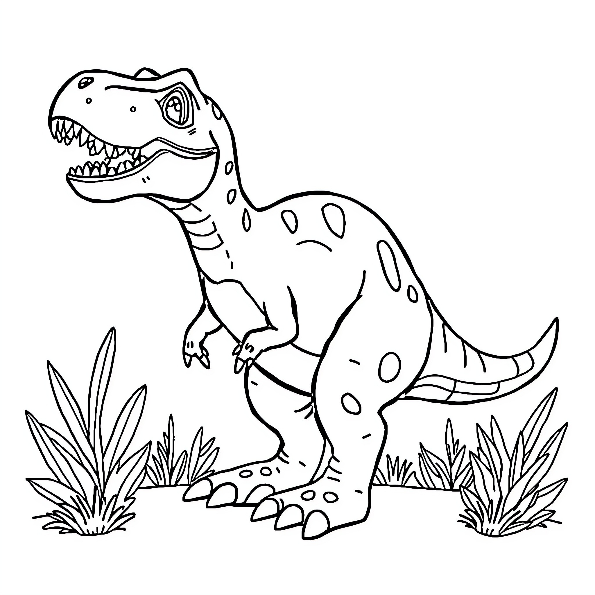 T-Rex Roaring in the Jungle Coloring Page (free black-and-white line drawing printable PDF for all, from beginners to advanced learners, including children, teens, adults, and seniors)