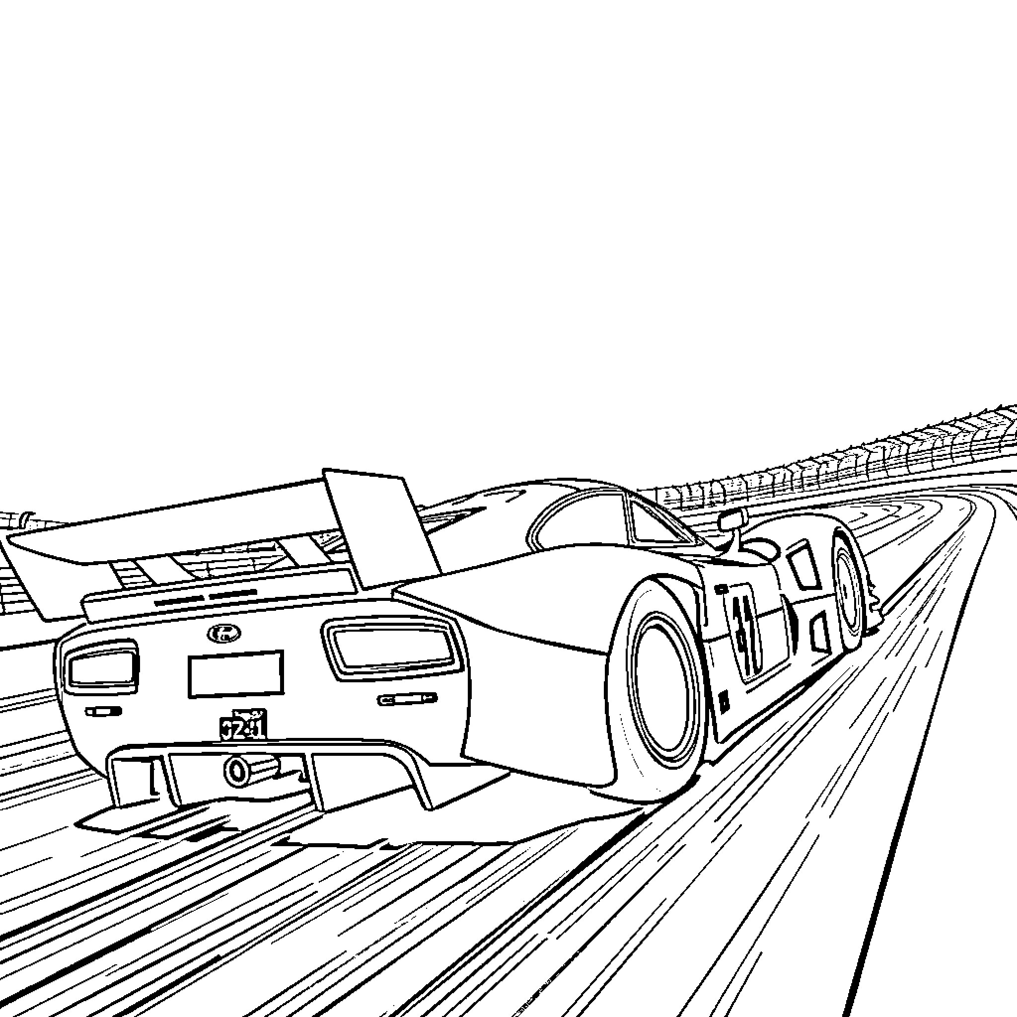 Car racing on high-speed track Coloring Page (free black-and-white line drawing printable PDF for all, from beginners to advanced learners, including children, teens, adults, and seniors)