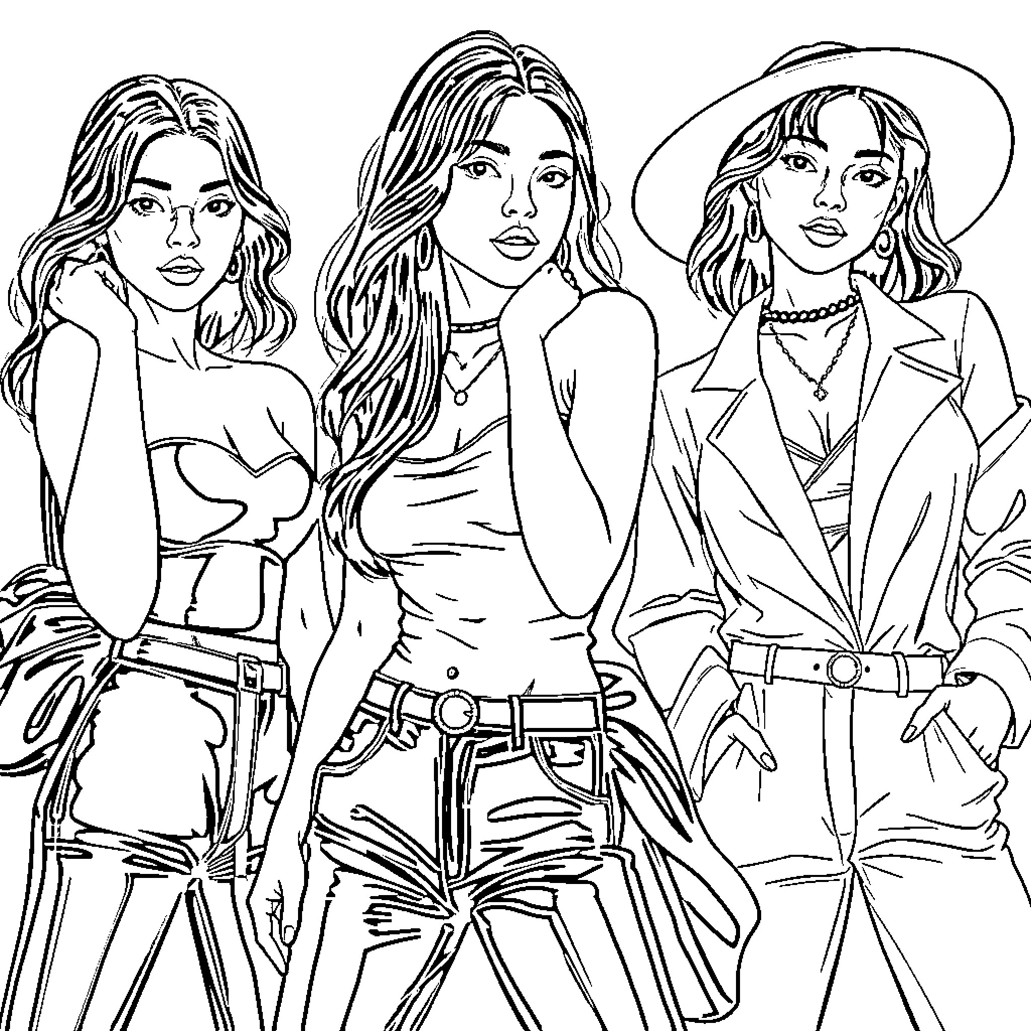 Model Fashionable Women with Distinct Styles Coloring Page (free black-and-white line drawing printable PDF for all, from beginners to advanced learners, including children, teens, adults, and seniors)
