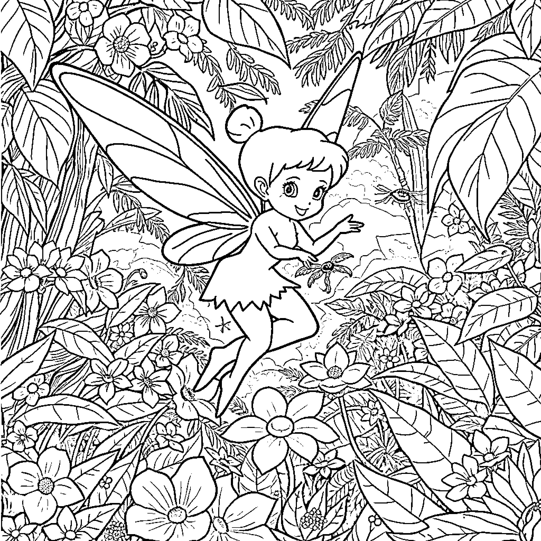 Tinkerbell exploring a magical floral wonderland Coloring Page (free black-and-white line drawing printable PDF for all, from beginners to advanced learners, including children, teens, adults, and seniors)
