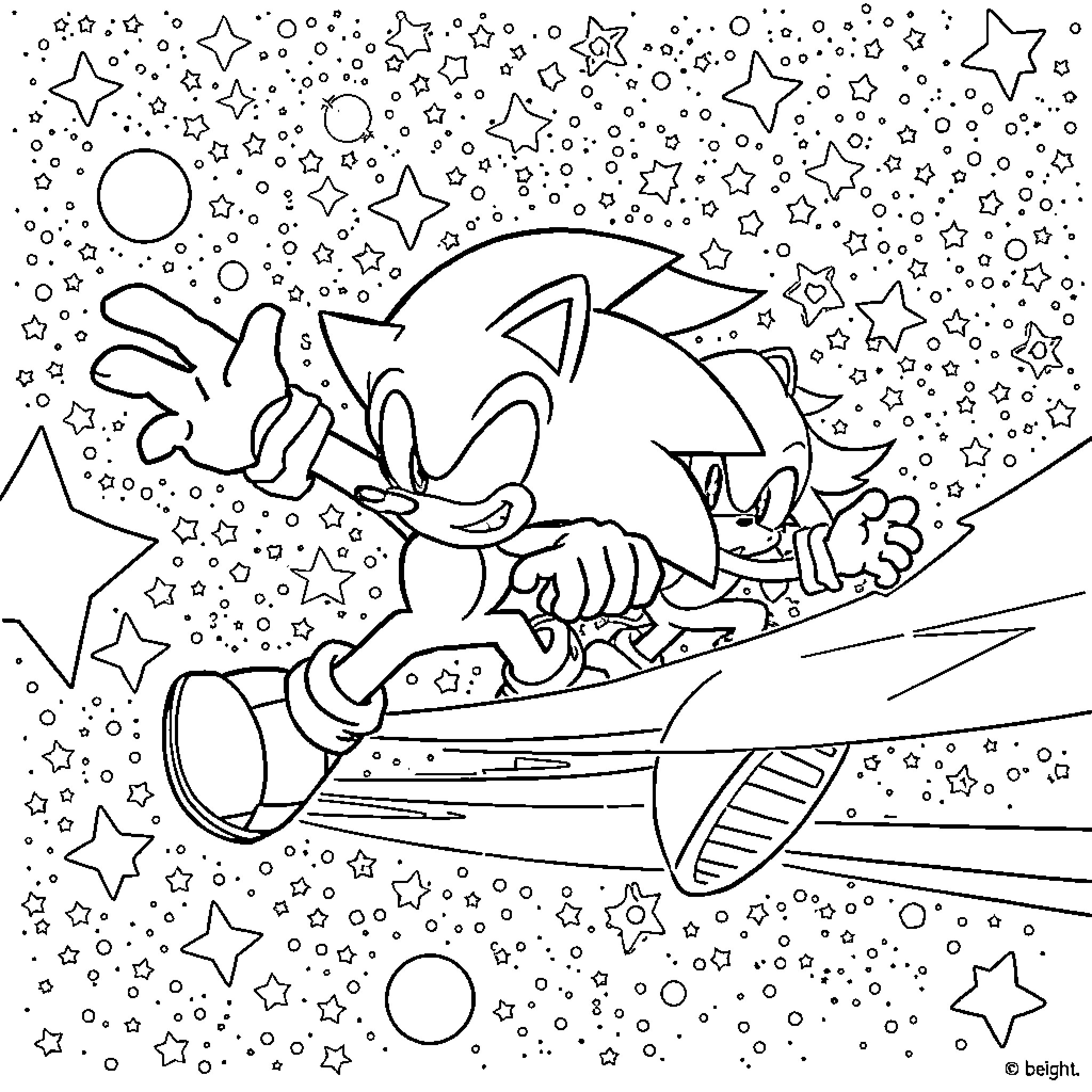 Sonic's Cosmic Adventure in the Starry Sky Coloring Page (free black-and-white line drawing printable PDF for all, from beginners to advanced learners, including children, teens, adults, and seniors)