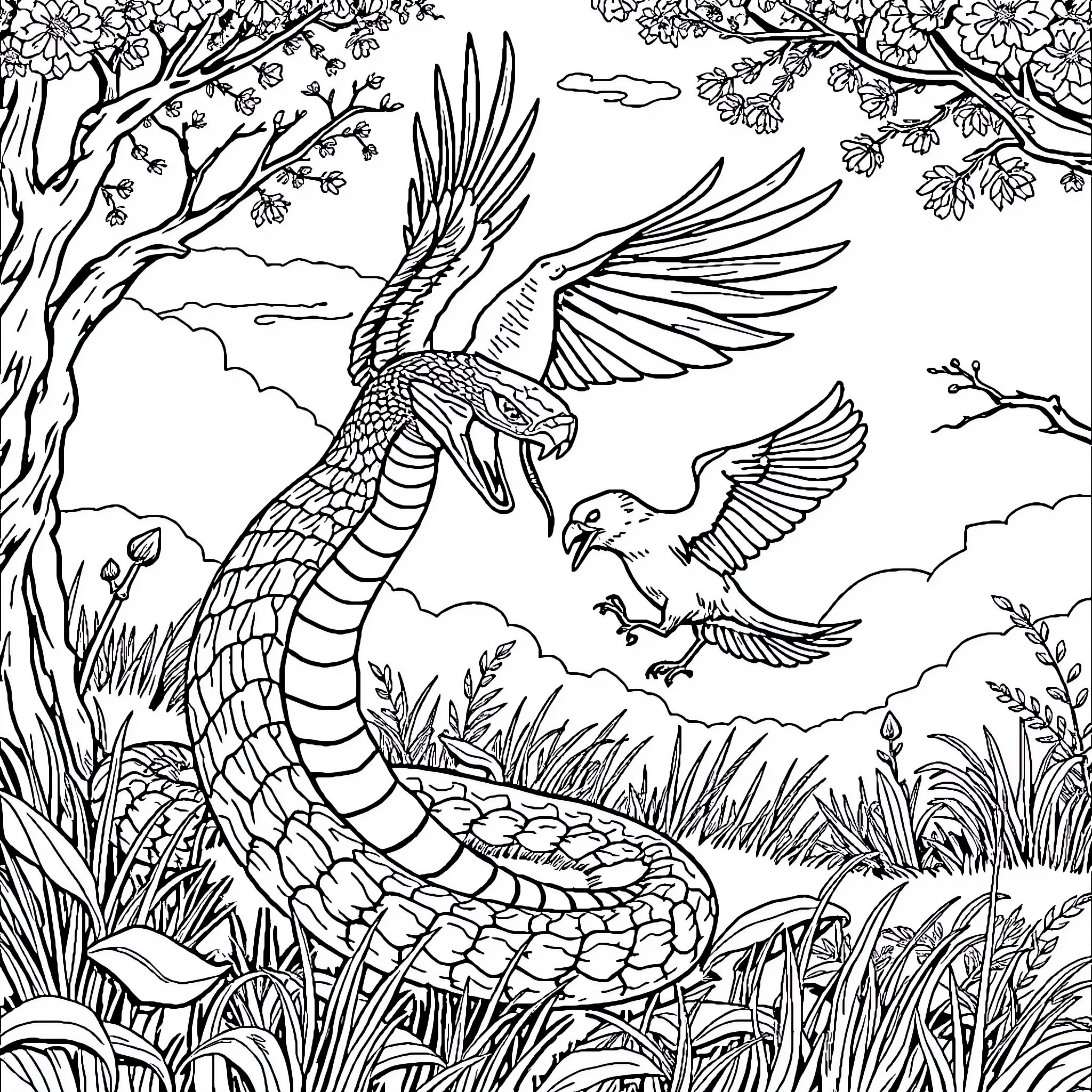 Snake battling eagle in a magical forest Coloring Page (free black-and-white line drawing printable PDF for all, from beginners to advanced learners, including children, teens, adults, and seniors)