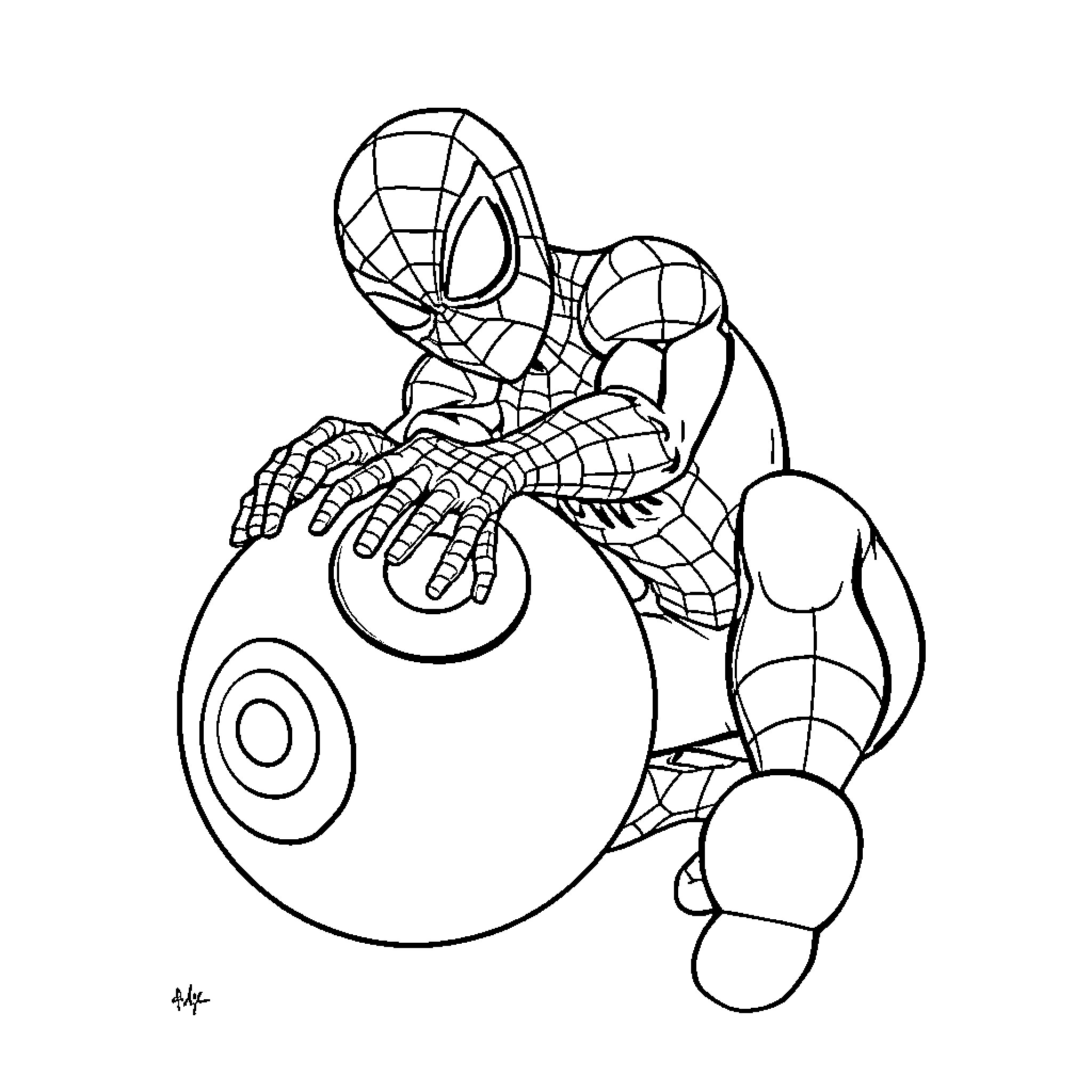 Spiderman scaling a giant target object Coloring Page (free black-and-white line drawing printable PDF for all, from beginners to advanced learners, including children, teens, adults, and seniors)