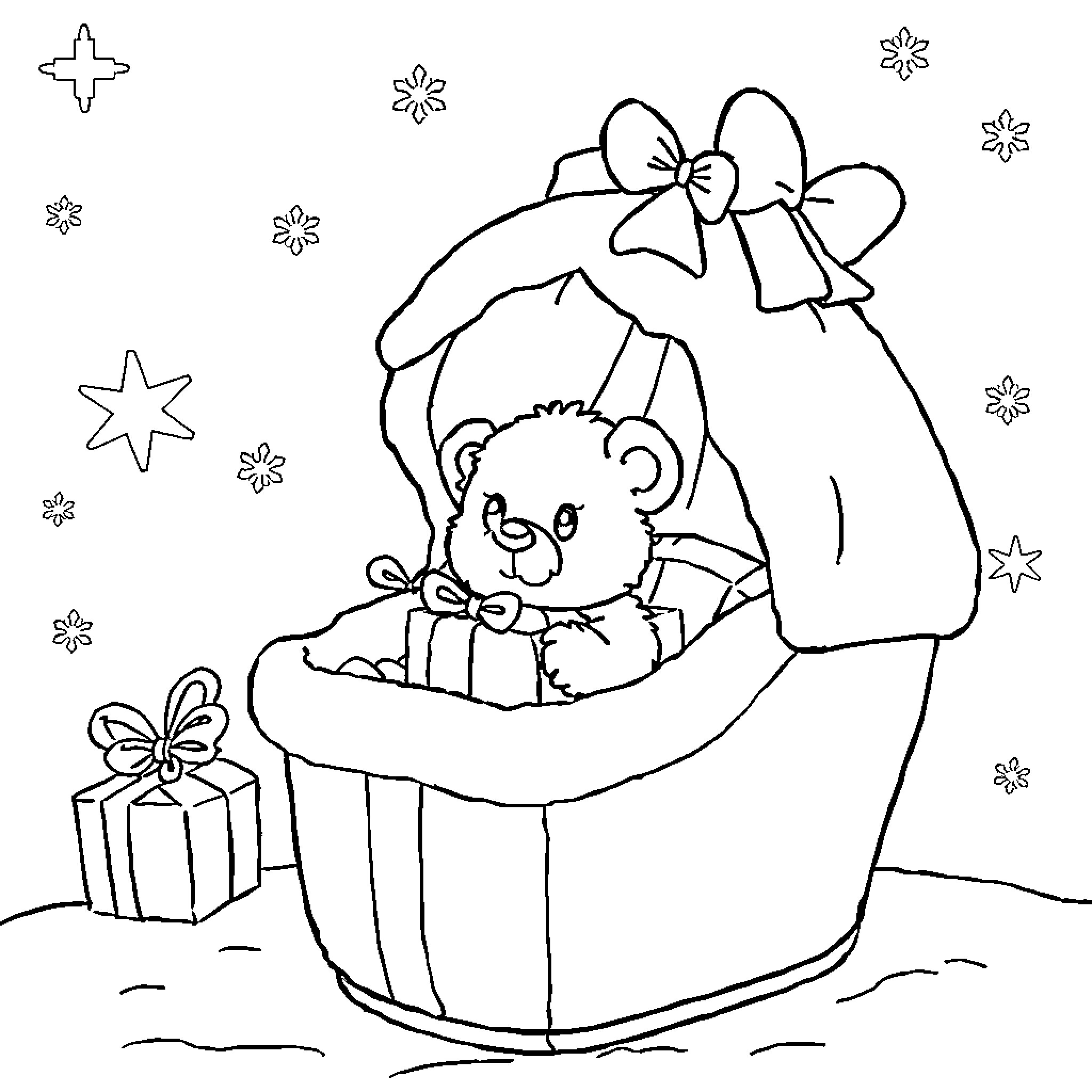 Christmas Stocking with Adorable Teddy Bear Coloring Page (free black-and-white line drawing printable PDF for all, from beginners to advanced learners, including children, teens, adults, and seniors)