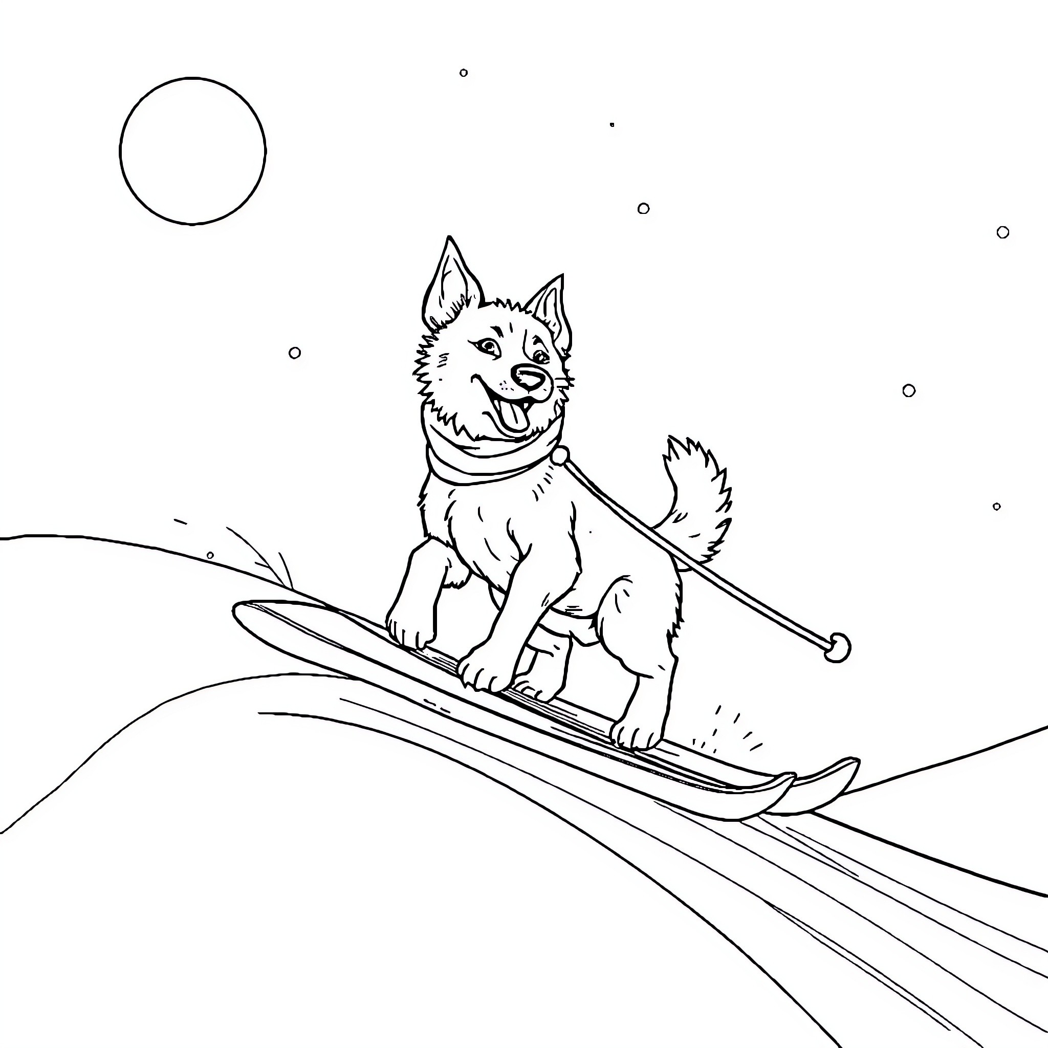 Dog surfing happily in the waves Coloring Page (free black-and-white line drawing printable PDF for all, from beginners to advanced learners, including children, teens, adults, and seniors)