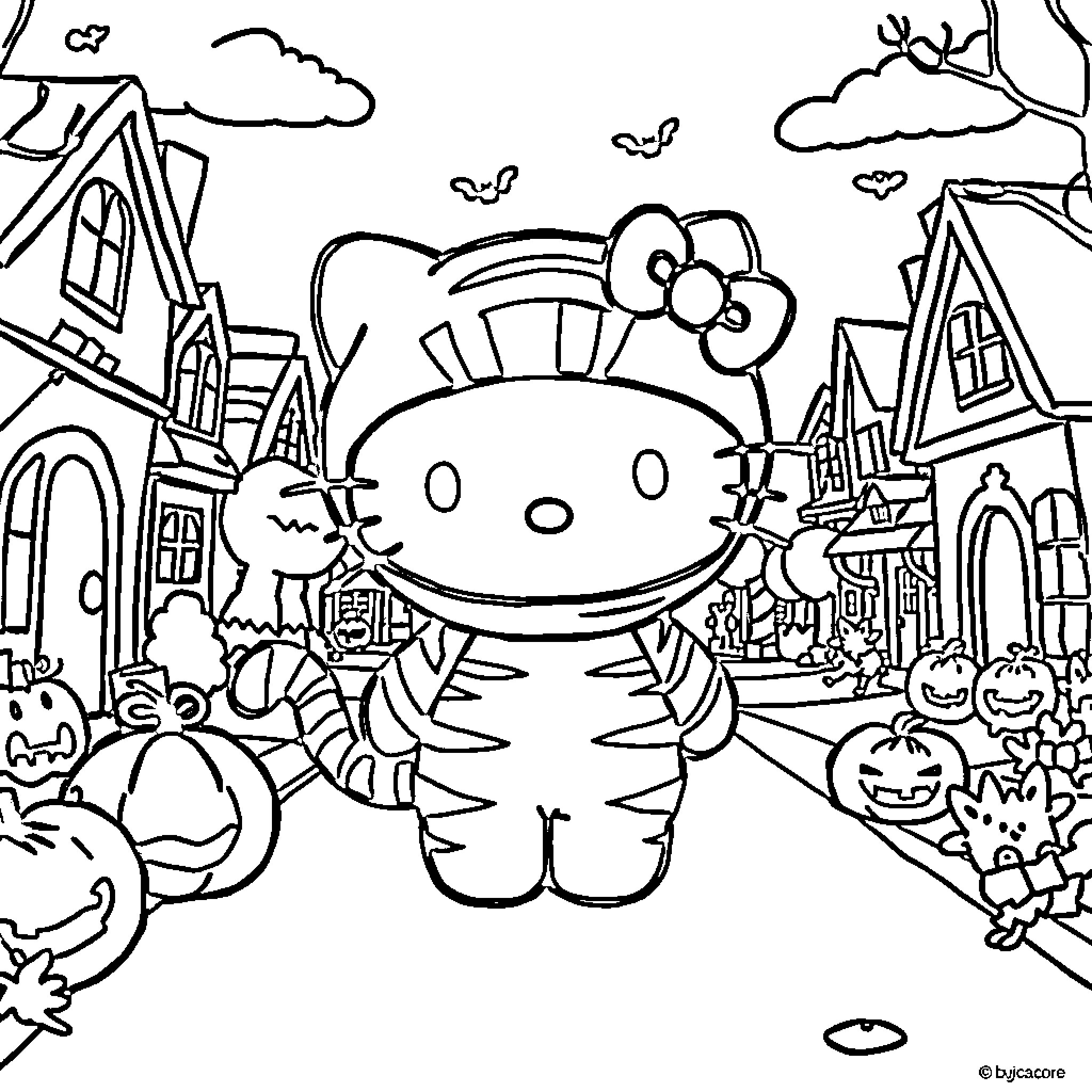 Hello Kitty Exploring a Spooky Town Coloring Page (free black-and-white line drawing printable PDF for all, from beginners to advanced learners, including children, teens, adults, and seniors)