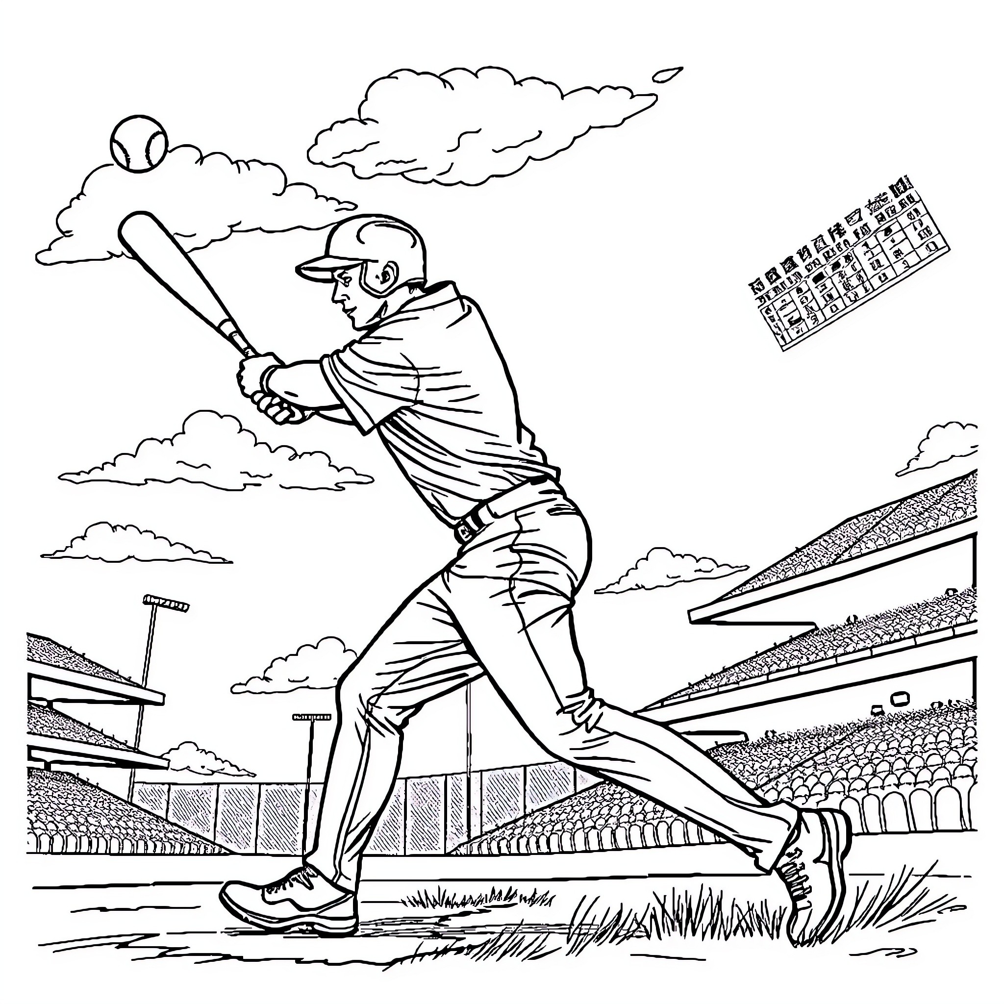 Baseball Player Batting at the Stadium Coloring Page (free black-and-white line drawing printable PDF for all, from beginners to advanced learners, including children, teens, adults, and seniors)