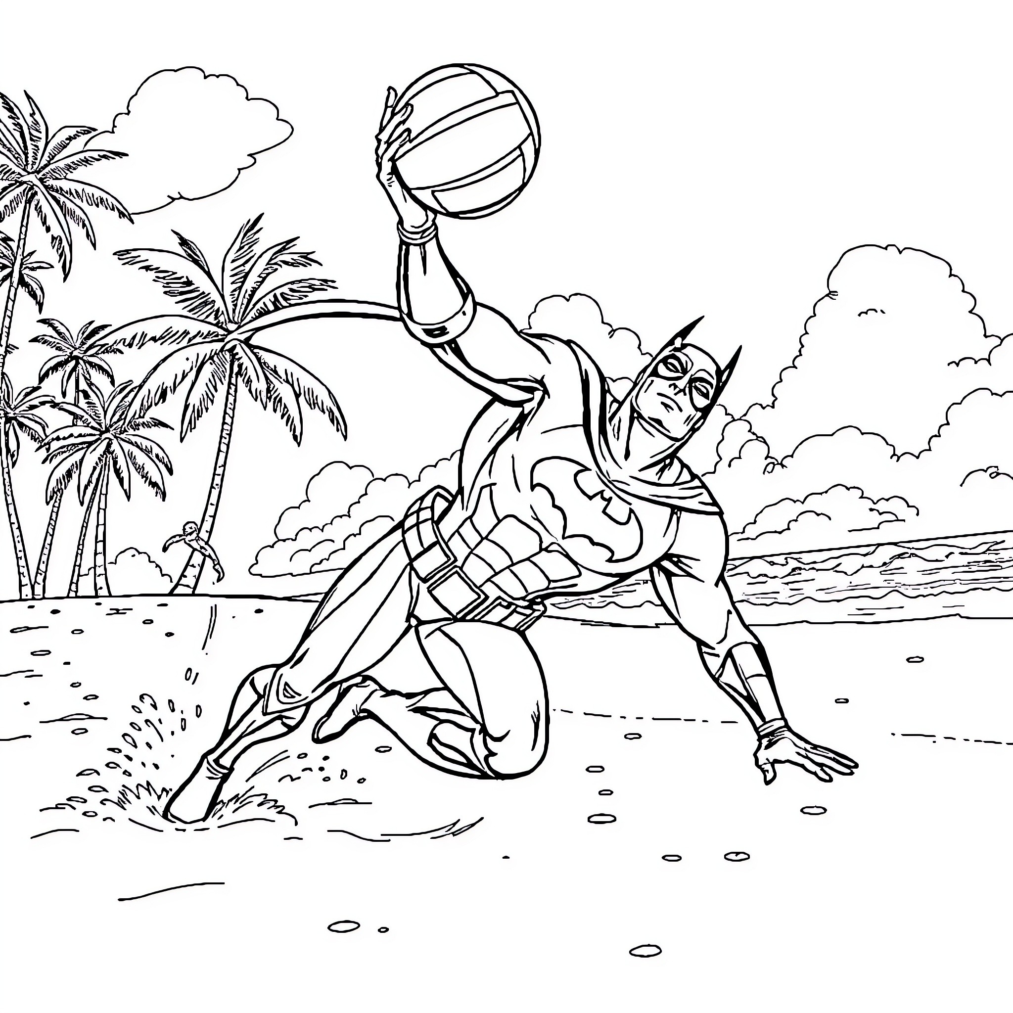Batman plays beach volleyball in heroic pose Coloring Page (free black-and-white line drawing printable PDF for all, from beginners to advanced learners, including children, teens, adults, and seniors)