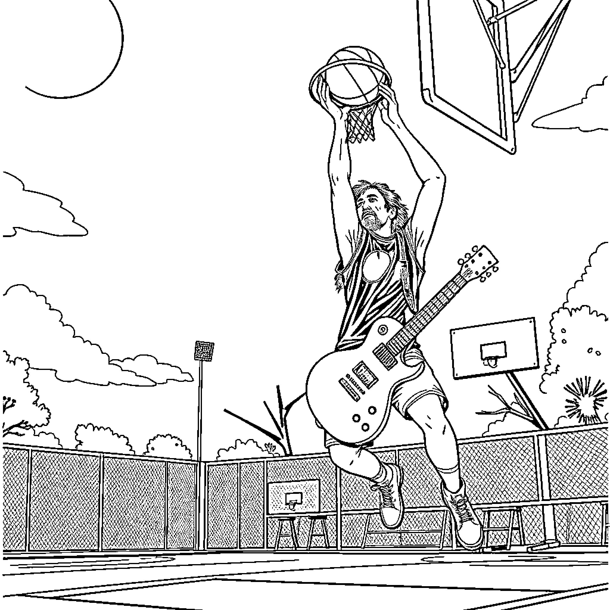 Geddy Lee performs slam dunk on basketball court Coloring Page (free black-and-white line drawing printable PDF for all, from beginners to advanced learners, including children, teens, adults, and seniors)