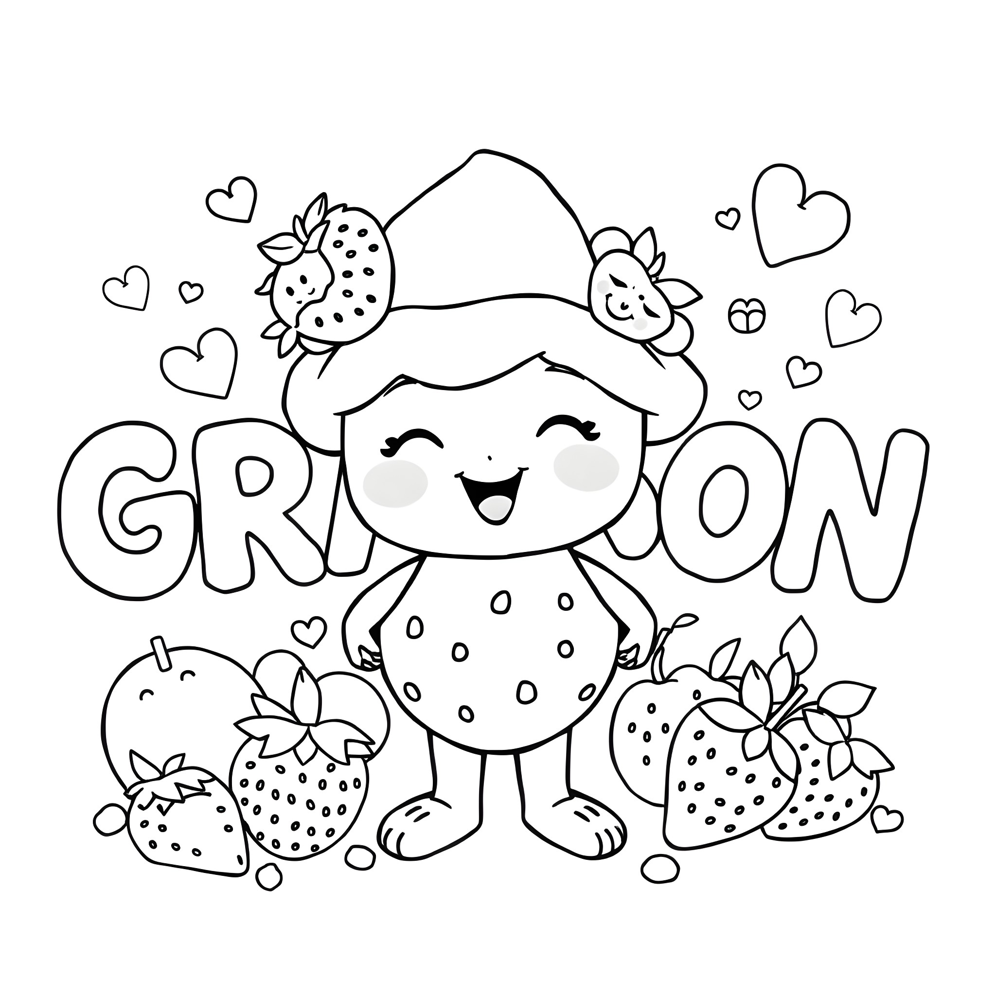 Strawberry Shortcake in a Joyful Strawberry Field Coloring Page (free black-and-white line drawing printable PDF for all, from beginners to advanced learners, including children, teens, adults, and seniors)