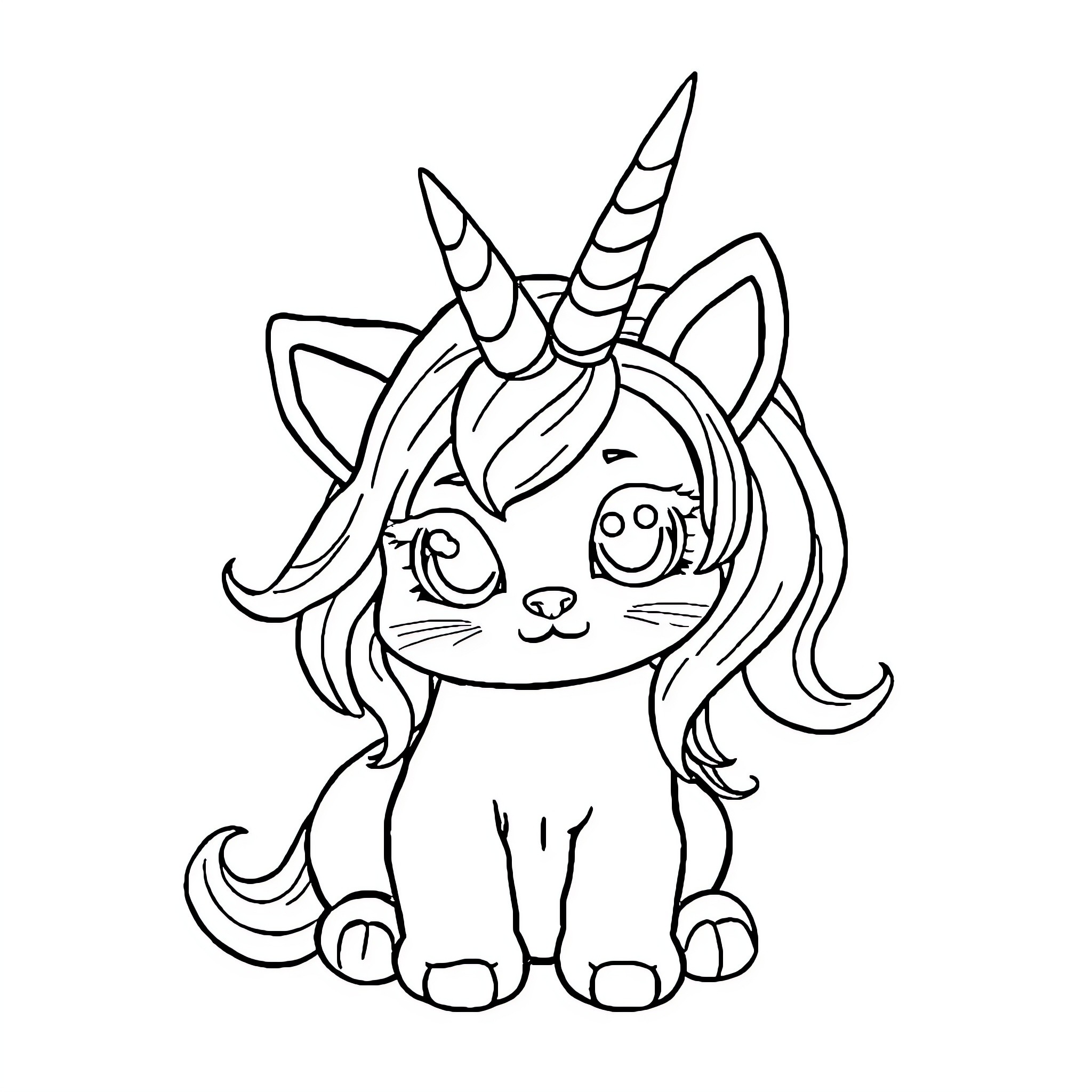 Unicorn Kitten with Whimsical Features Coloring Page (free black-and-white line drawing printable PDF for all, from beginners to advanced learners, including children, teens, adults, and seniors)