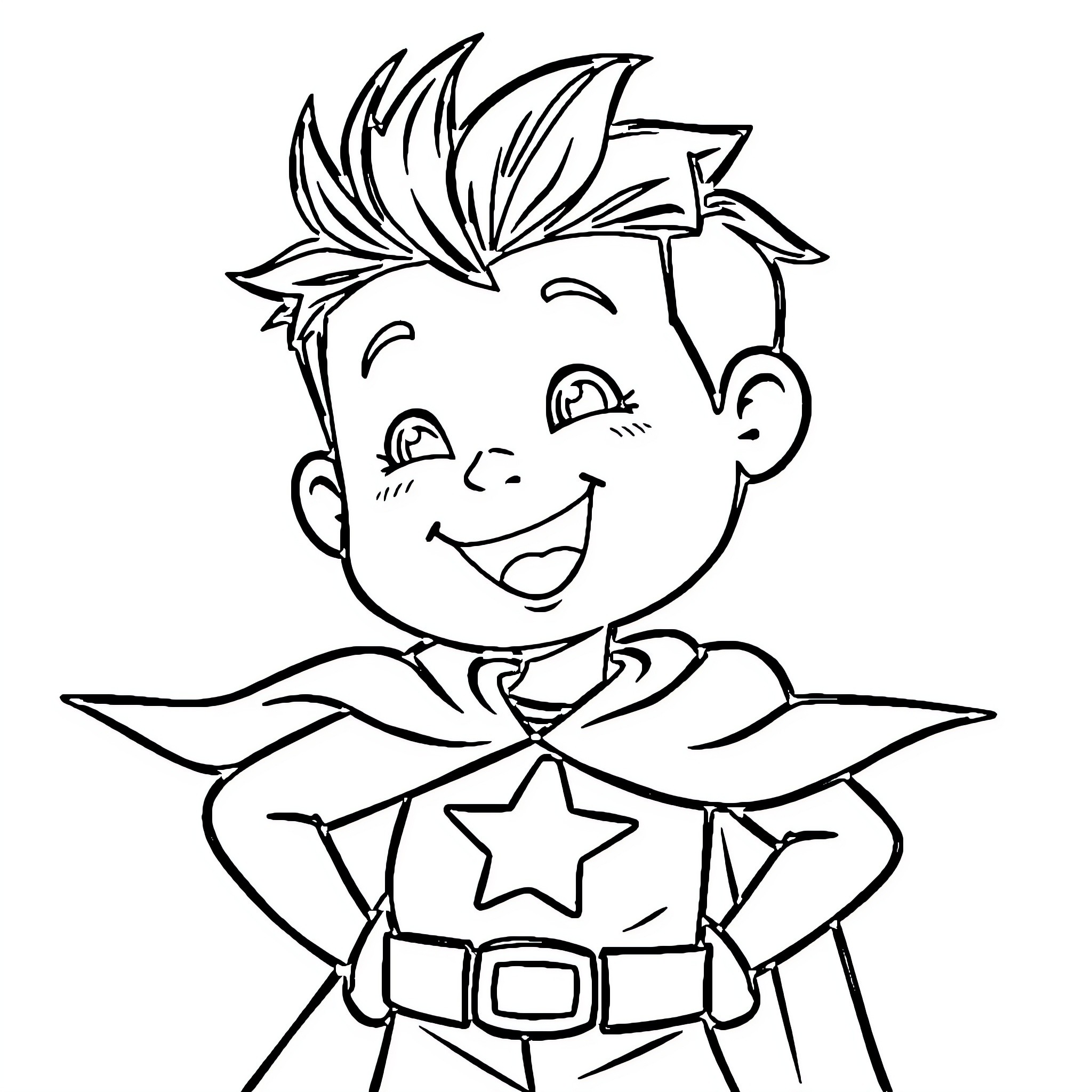 Superhero Boy in Costume with Cheerful Expression Coloring Page (free black-and-white line drawing printable PDF for all, from beginners to advanced learners, including children, teens, adults, and seniors)