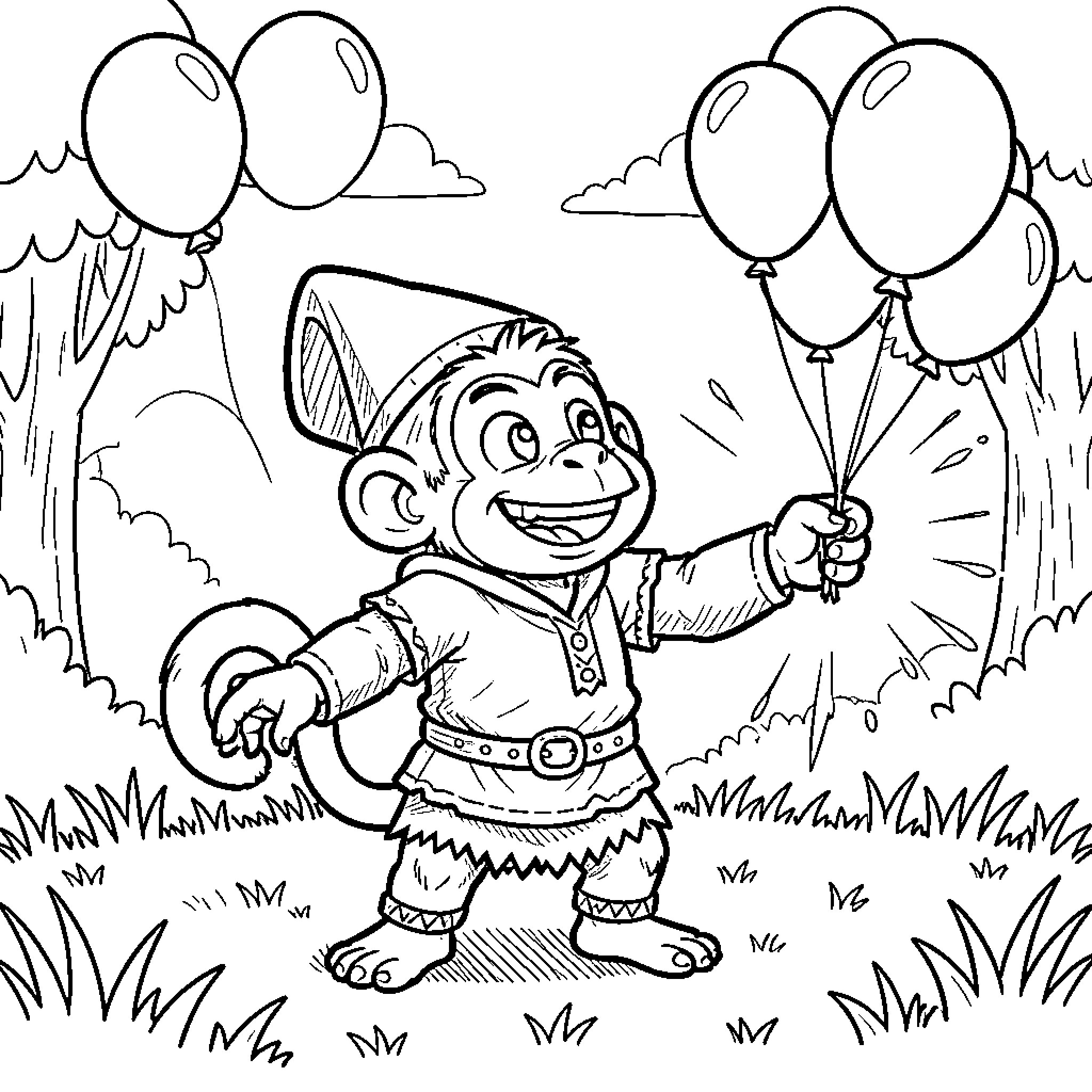 Druid Monkey holding a bunch of floating balloons Coloring Page (free black-and-white line drawing printable PDF for all, from beginners to advanced learners, including children, teens, adults, and seniors)