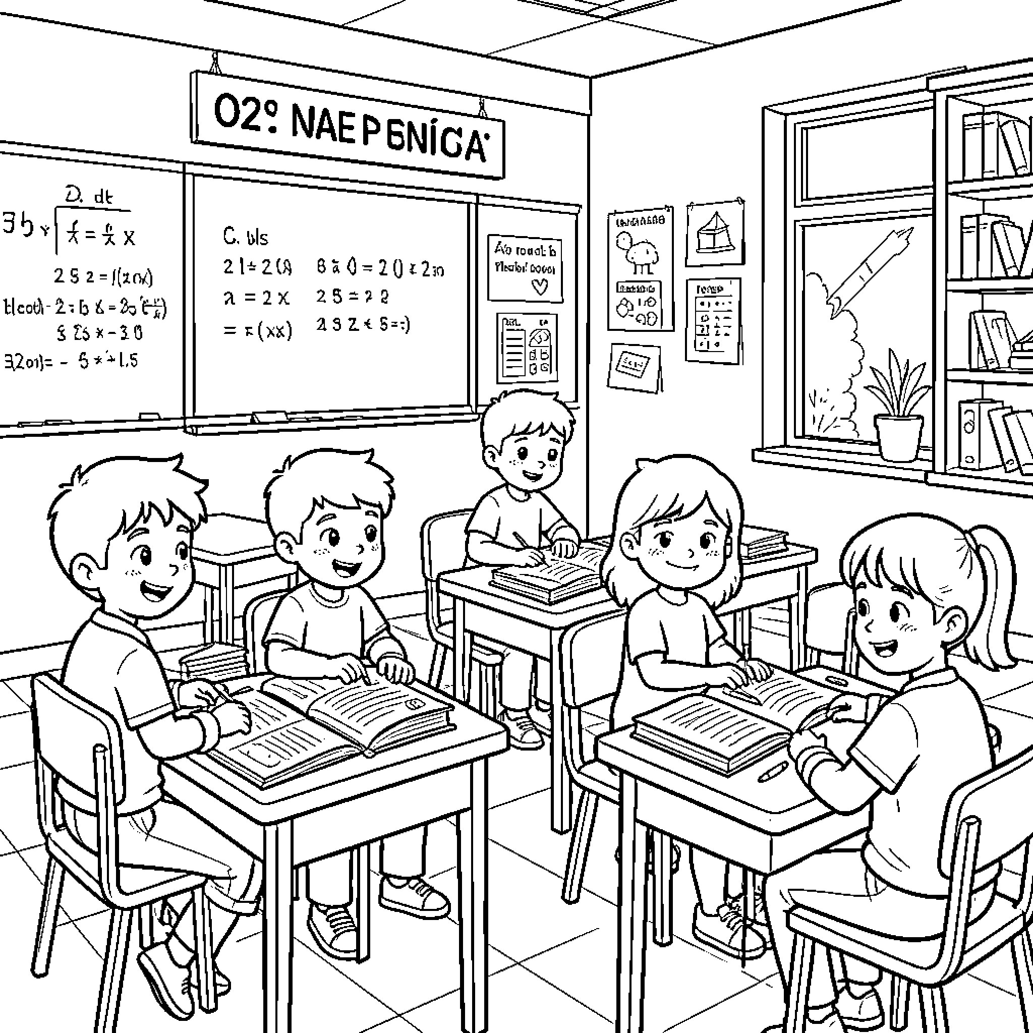 Mathematics students studying diligently at desks in a classroom Coloring Page (free black-and-white line drawing printable PDF for all, from beginners to advanced learners, including children, teens, adults, and seniors)