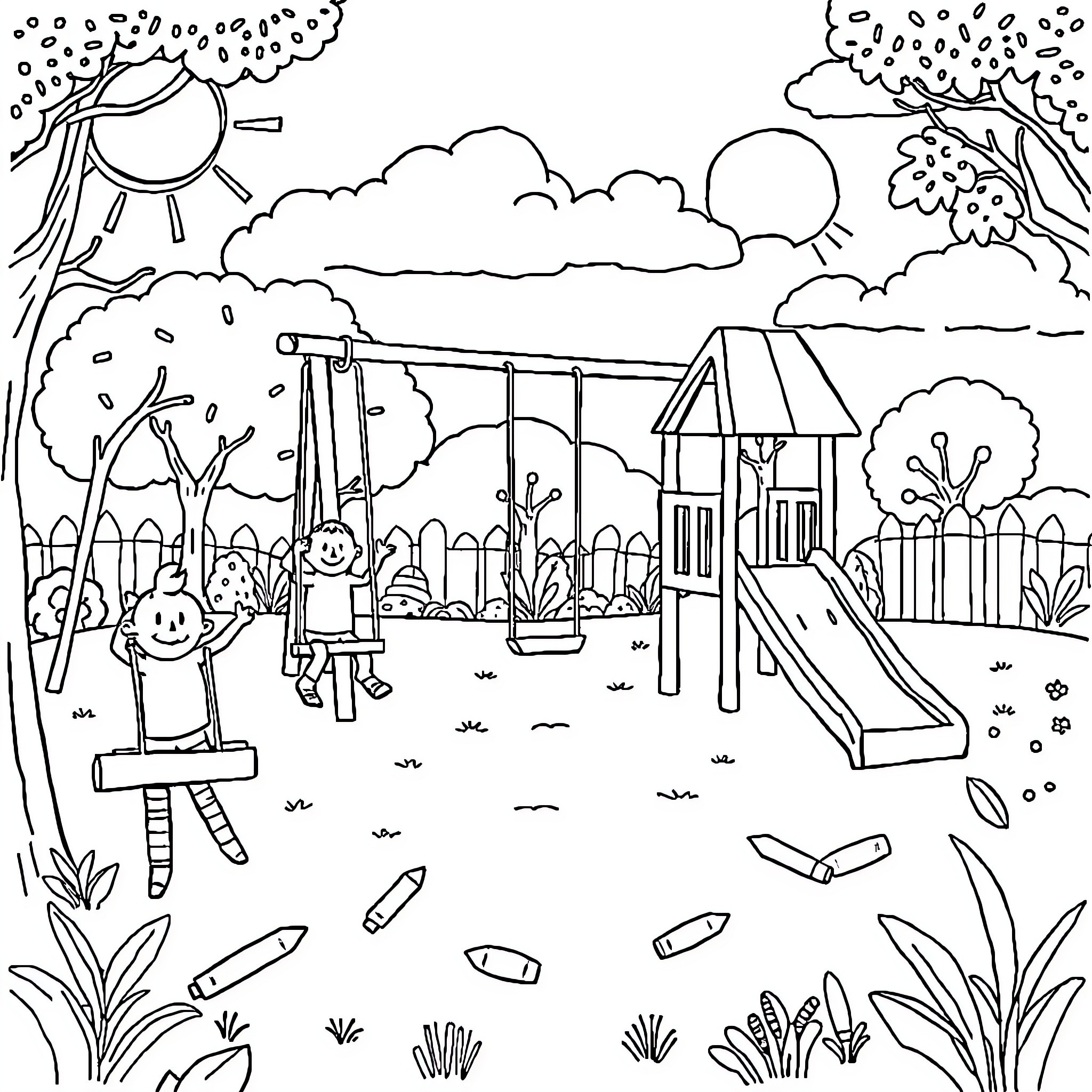 Crayon children playing on a playground Coloring Page (free black-and-white line drawing printable PDF for all, from beginners to advanced learners, including children, teens, adults, and seniors)