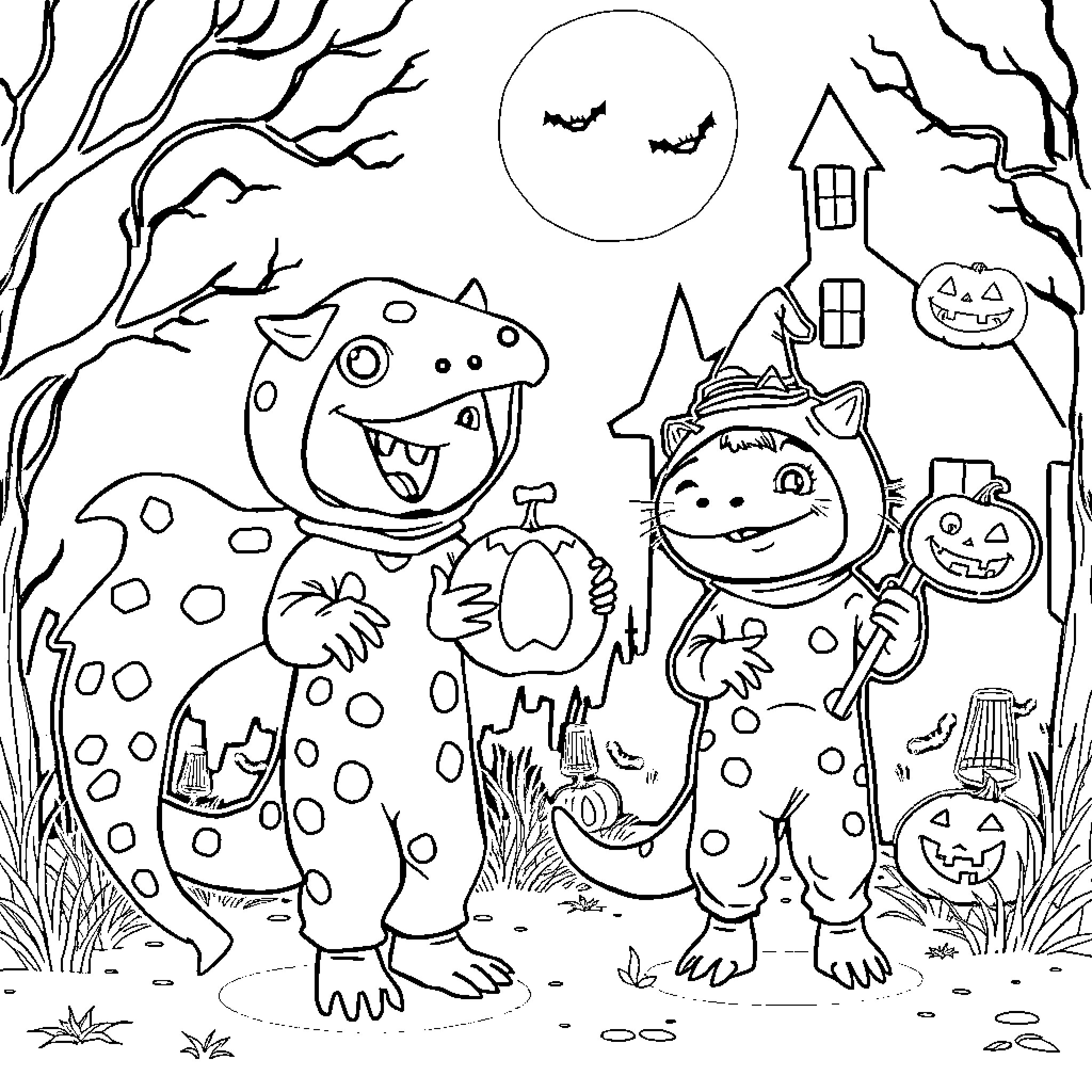 Kid in monster costume playing outdoors on Halloween night Coloring Page (free black-and-white line drawing printable PDF for all, from beginners to advanced learners, including children, teens, adults, and seniors)