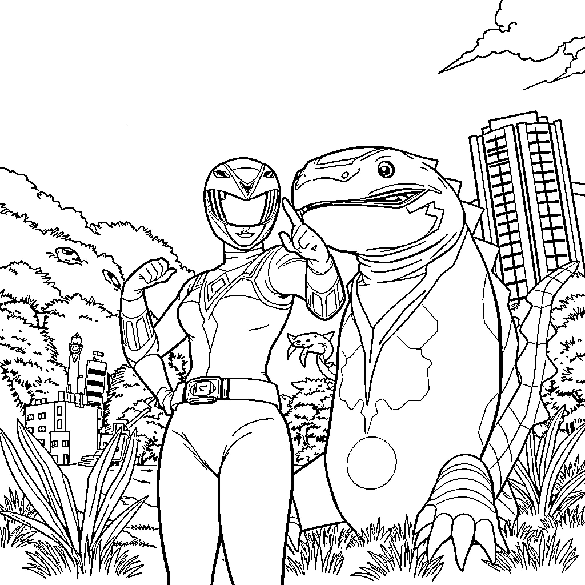Power Ranger heroes in action-packed cityscape Coloring Page (free black-and-white line drawing printable PDF for all, from beginners to advanced learners, including children, teens, adults, and seniors)
