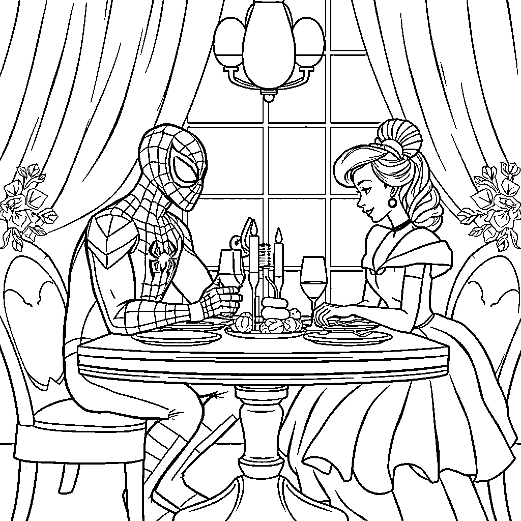 Spiderman's Fancy Dinner Date Coloring Page (free black-and-white line drawing printable PDF for all, from beginners to advanced learners, including children, teens, adults, and seniors)
