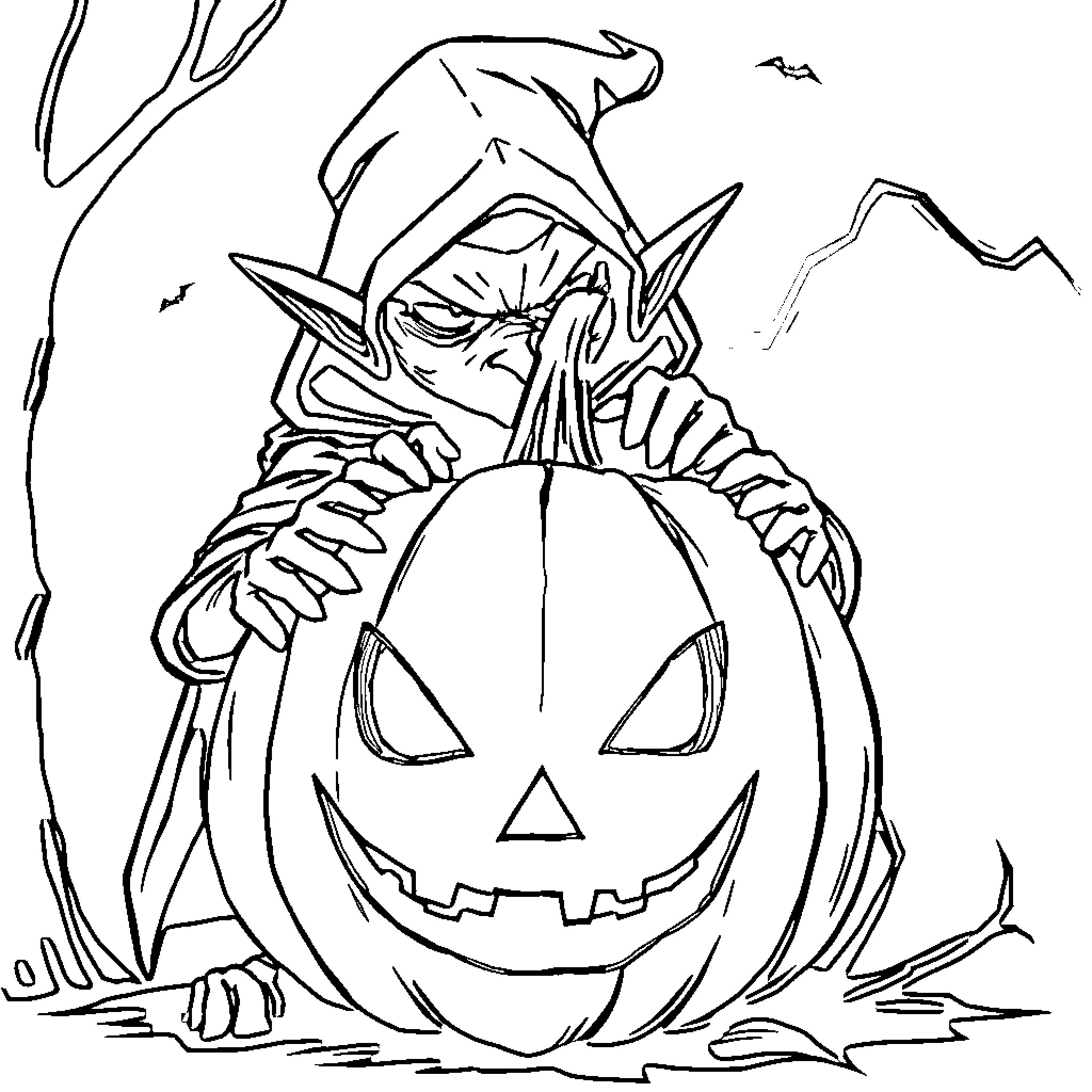 Elf with a Jack-o'-lantern in the night Coloring Page (free black-and-white line drawing printable PDF for all, from beginners to advanced learners, including children, teens, adults, and seniors)