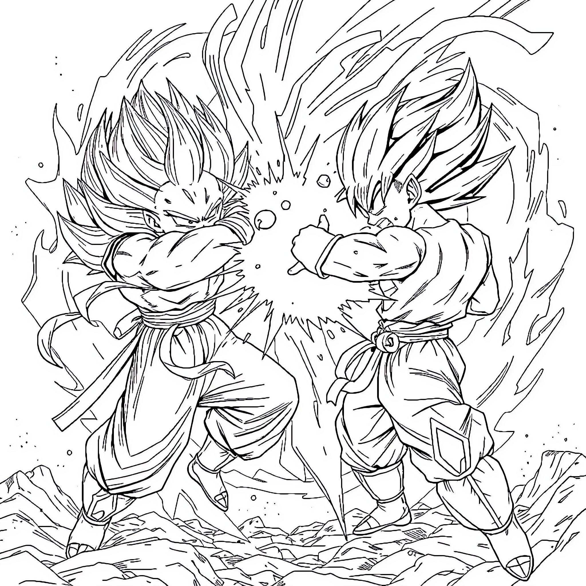Sangoku: Intense Battle between Warrior Figures Coloring Page (free black-and-white line drawing printable PDF for all, from beginners to advanced learners, including children, teens, adults, and seniors)