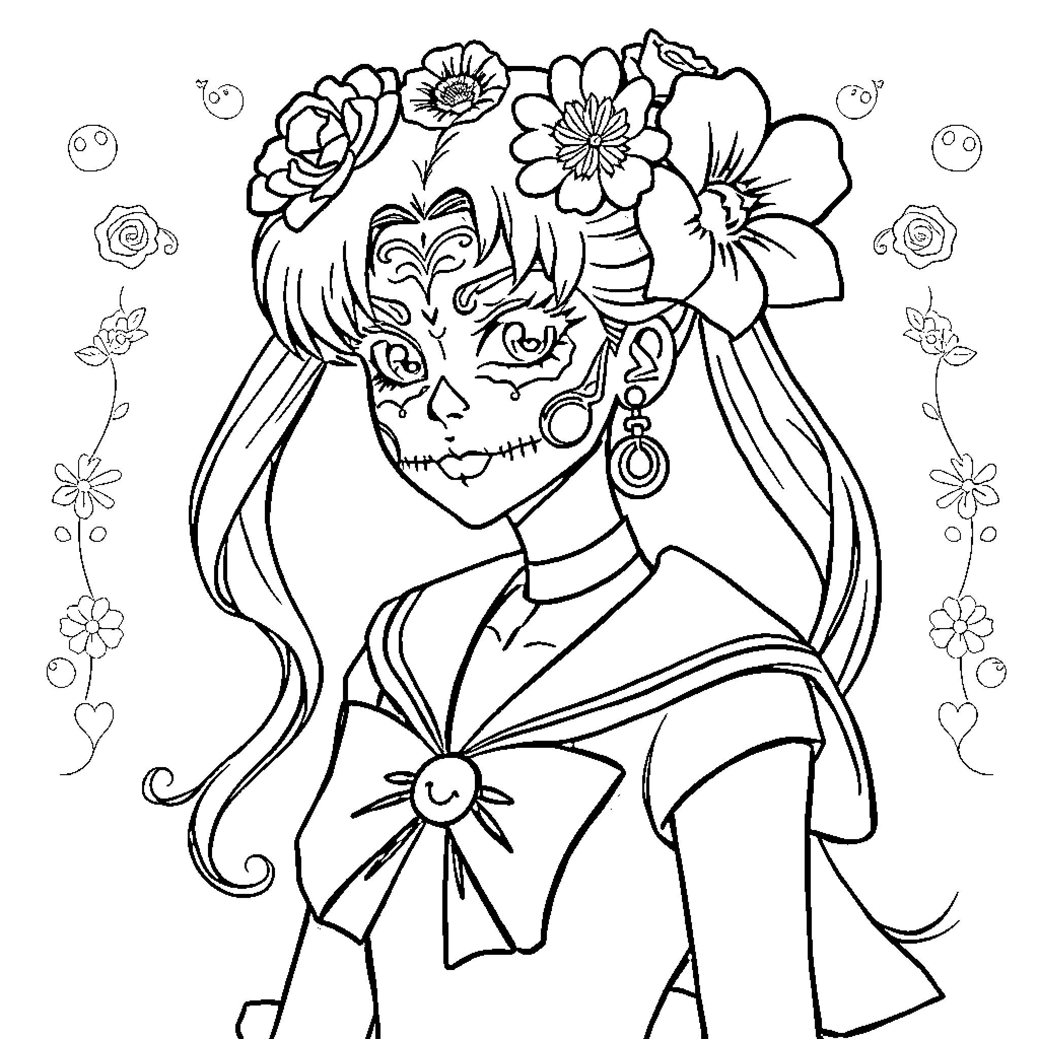 Sailor Moon inspired floral and butterfly portrait Coloring Page (free black-and-white line drawing printable PDF for all, from beginners to advanced learners, including children, teens, adults, and seniors)
