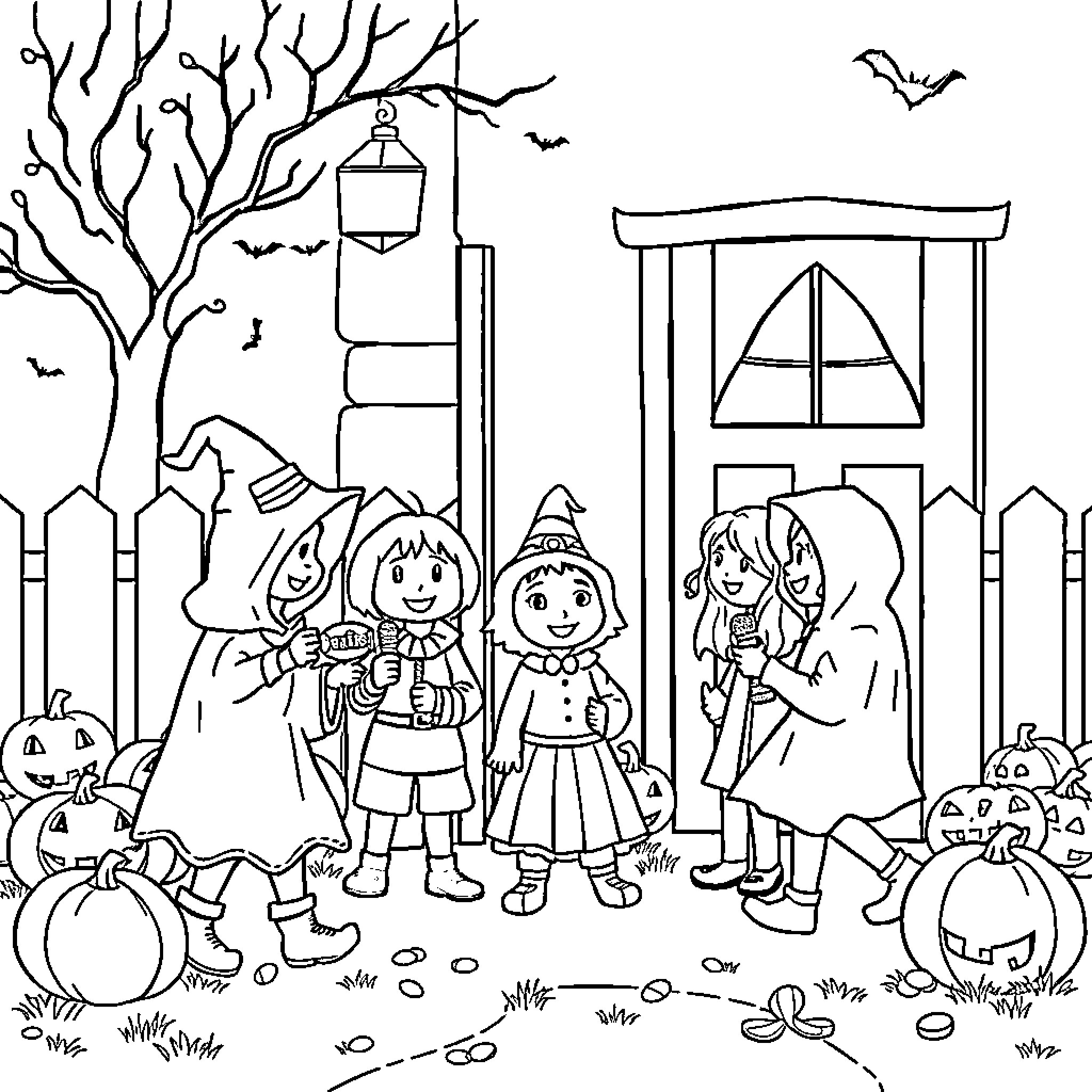 Halloween Trick-or-Treat Celebration with Costumes and Decorations Coloring Page (free black-and-white line drawing printable PDF for all, from beginners to advanced learners, including children, teens, adults, and seniors)