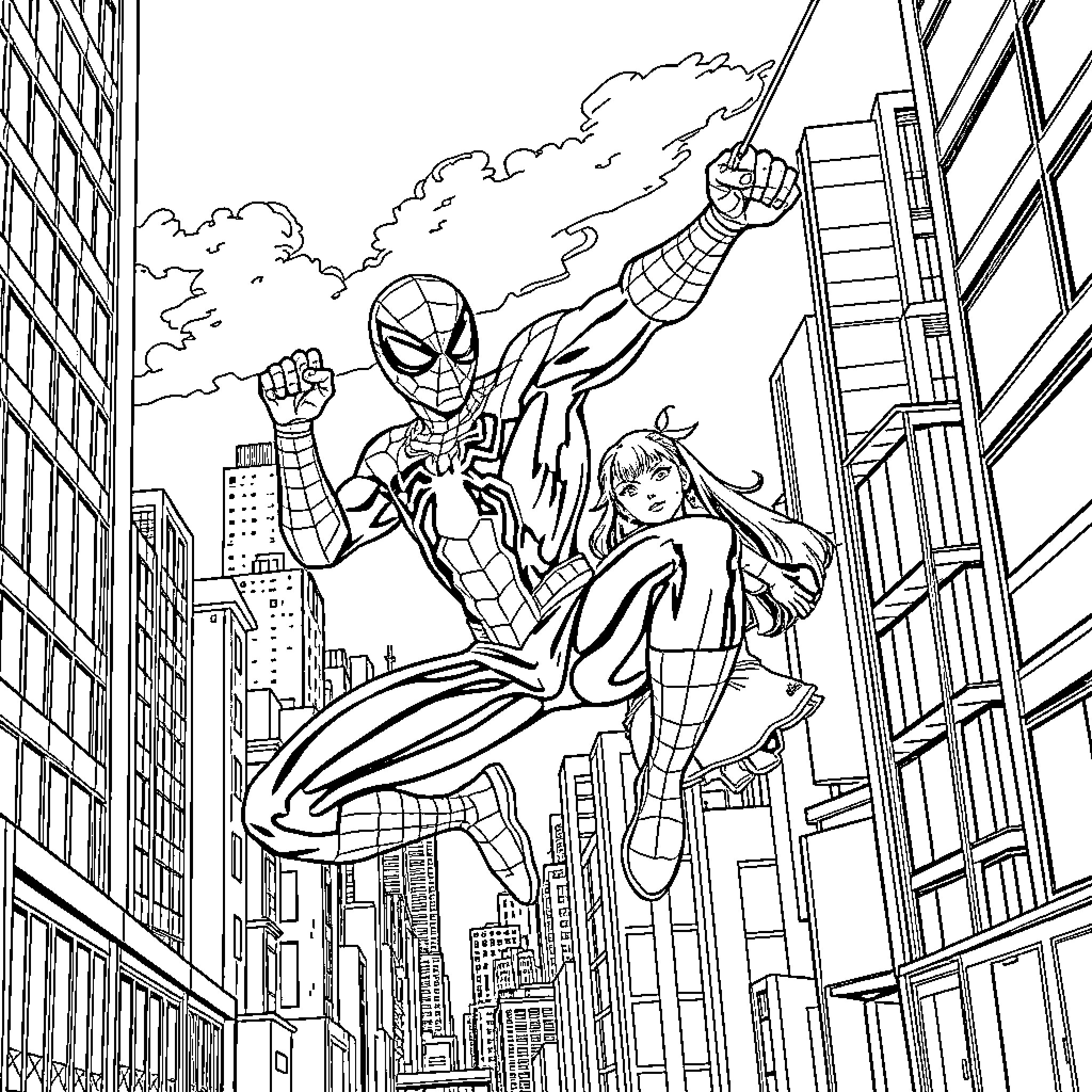 Spiderman and Spiderwoman swinging through the city Coloring Page (free black-and-white line drawing printable PDF for all, from beginners to advanced learners, including children, teens, adults, and seniors)