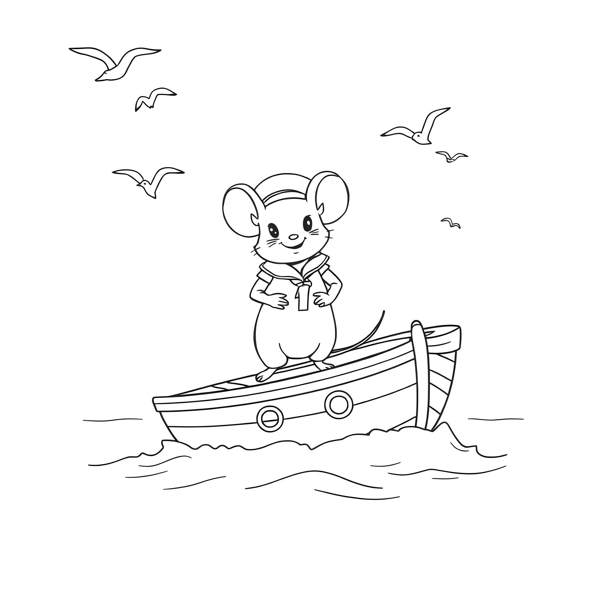 Mouse sailing happily in a boat with seagulls Coloring Page (free black-and-white line drawing printable PDF for all, from beginners to advanced learners, including children, teens, adults, and seniors)