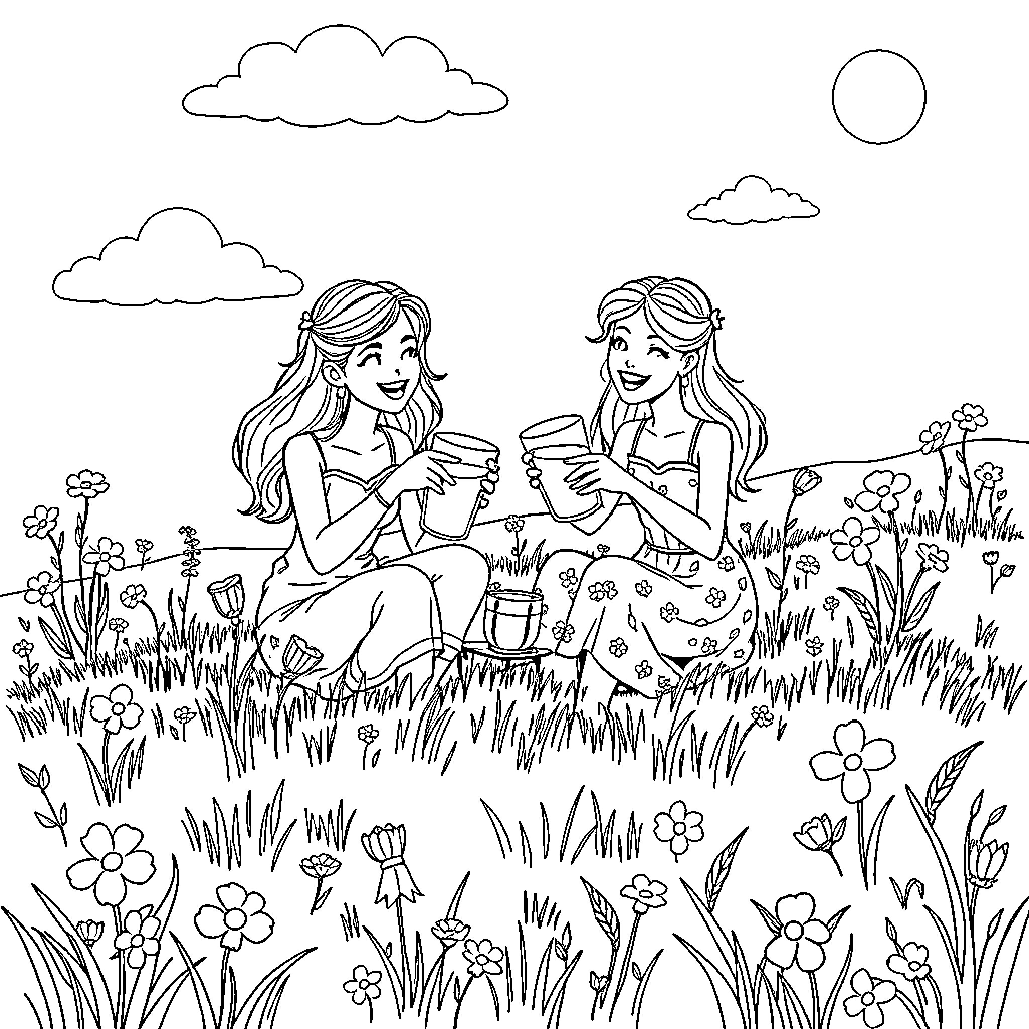 Potion of Friendship Shared in the Meadow Coloring Page (free black-and-white line drawing printable PDF for all, from beginners to advanced learners, including children, teens, adults, and seniors)
