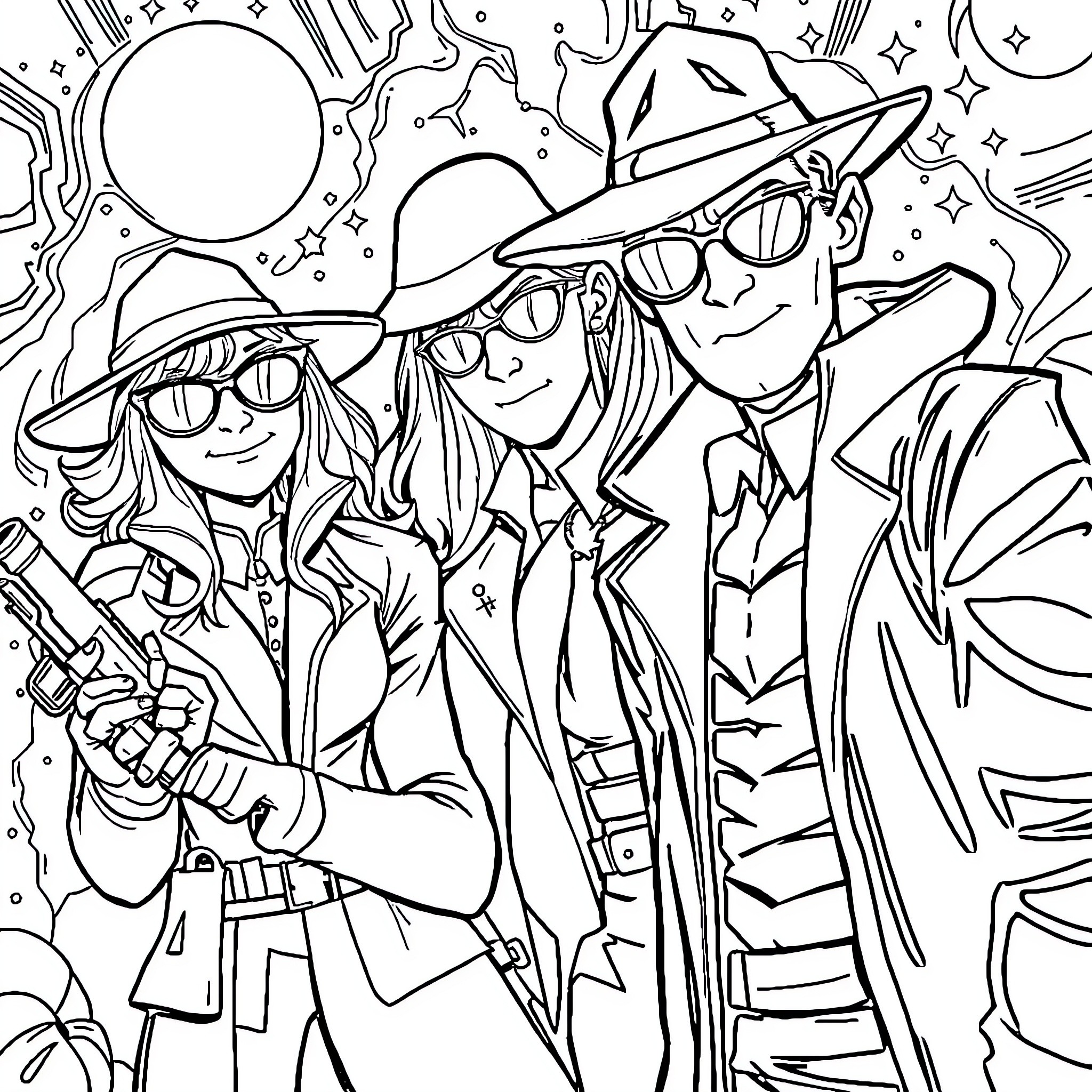 Totally Spies on Cosmic Cosmic Adventure Coloring Page (free black-and-white line drawing printable PDF for all, from beginners to advanced learners, including children, teens, adults, and seniors)