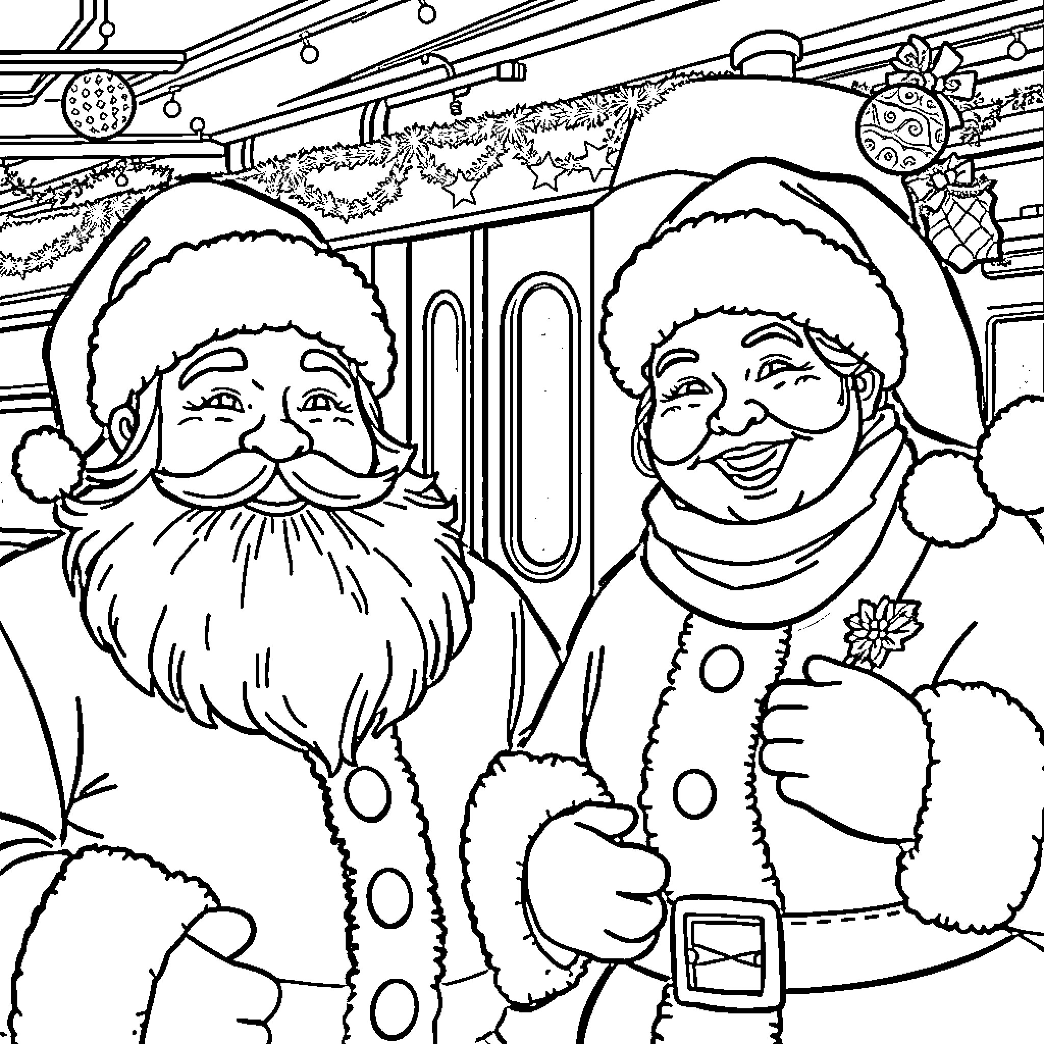 Santa and Mrs. Claus Spreading Holiday Cheer Coloring Page (free black-and-white line drawing printable PDF for all, from beginners to advanced learners, including children, teens, adults, and seniors)