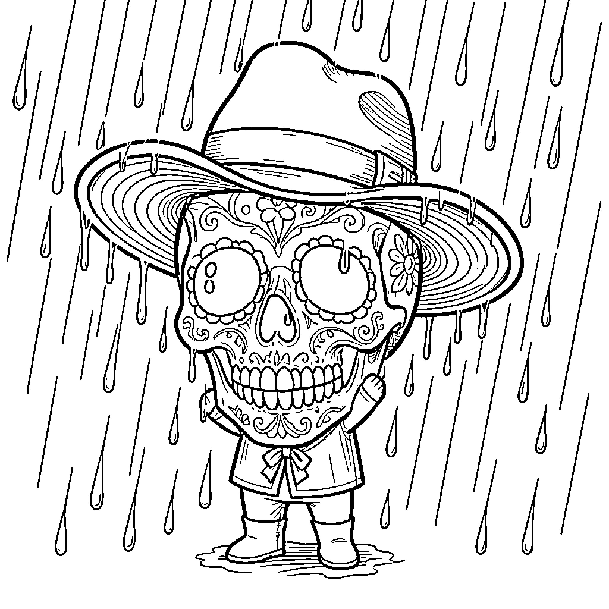 Calavera in the Rain Coloring Page (free black-and-white line drawing printable PDF for all, from beginners to advanced learners, including children, teens, adults, and seniors)