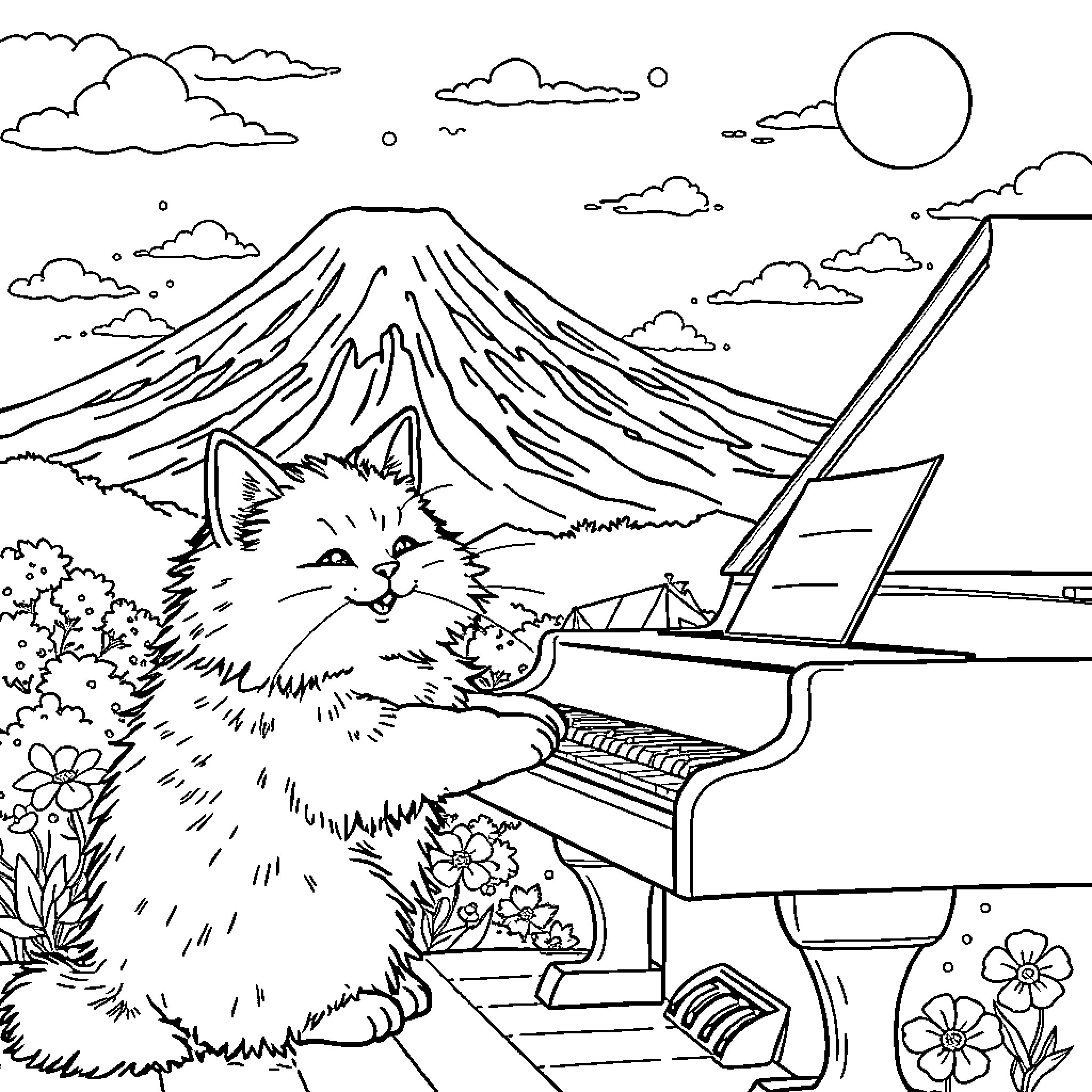 Cat playing piano in scenic mountain landscape Coloring Page (free black-and-white line drawing printable PDF for all, from beginners to advanced learners, including children, teens, adults, and seniors)
