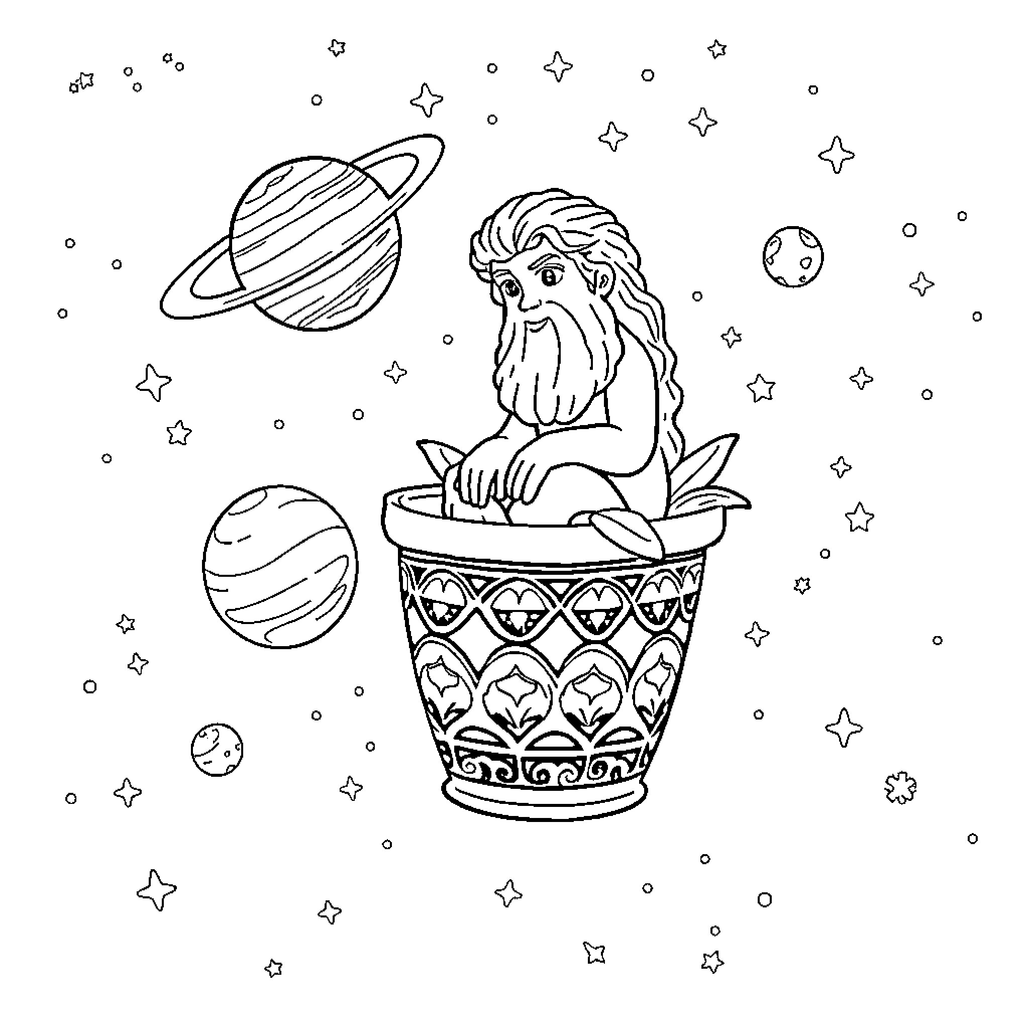 Aistophanes' Cosmic Creature in Celestial Cup Coloring Page (free black-and-white line drawing printable PDF for all, from beginners to advanced learners, including children, teens, adults, and seniors)