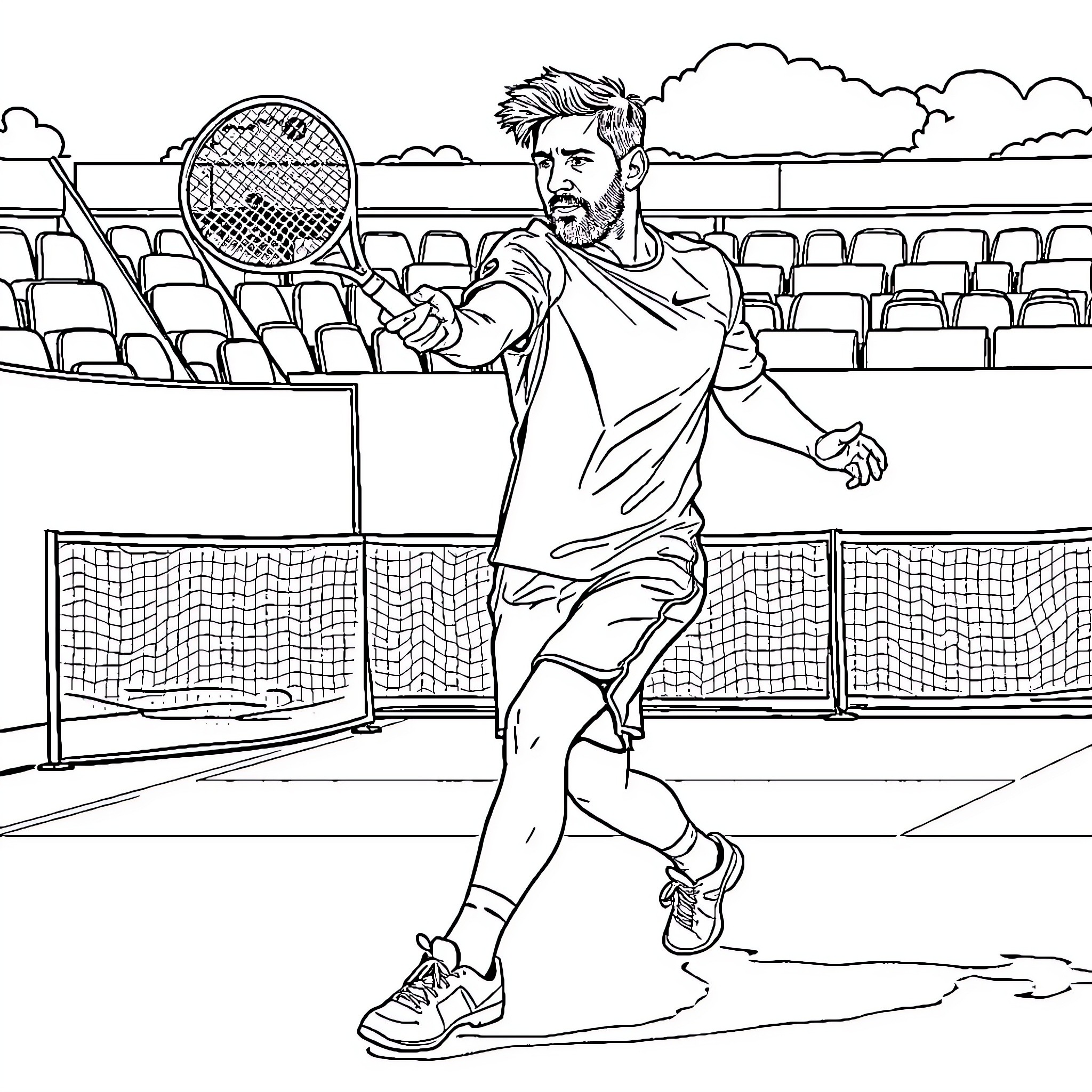 Lionel Messi playing tennis on the court Coloring Page (free black-and-white line drawing printable PDF for all, from beginners to advanced learners, including children, teens, adults, and seniors)