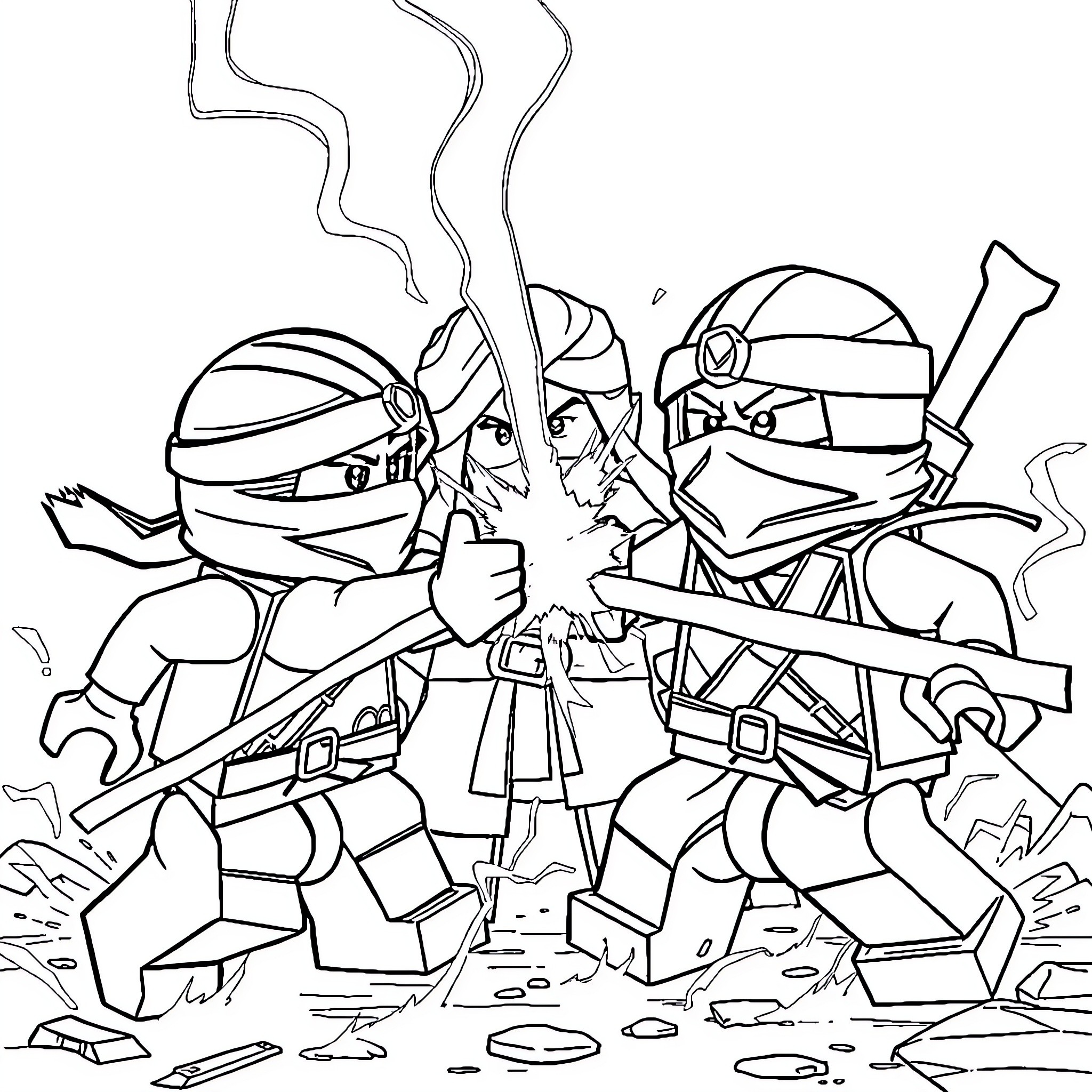 Ninjago warriors in fierce battle Coloring Page (free black-and-white line drawing printable PDF for all, from beginners to advanced learners, including children, teens, adults, and seniors)