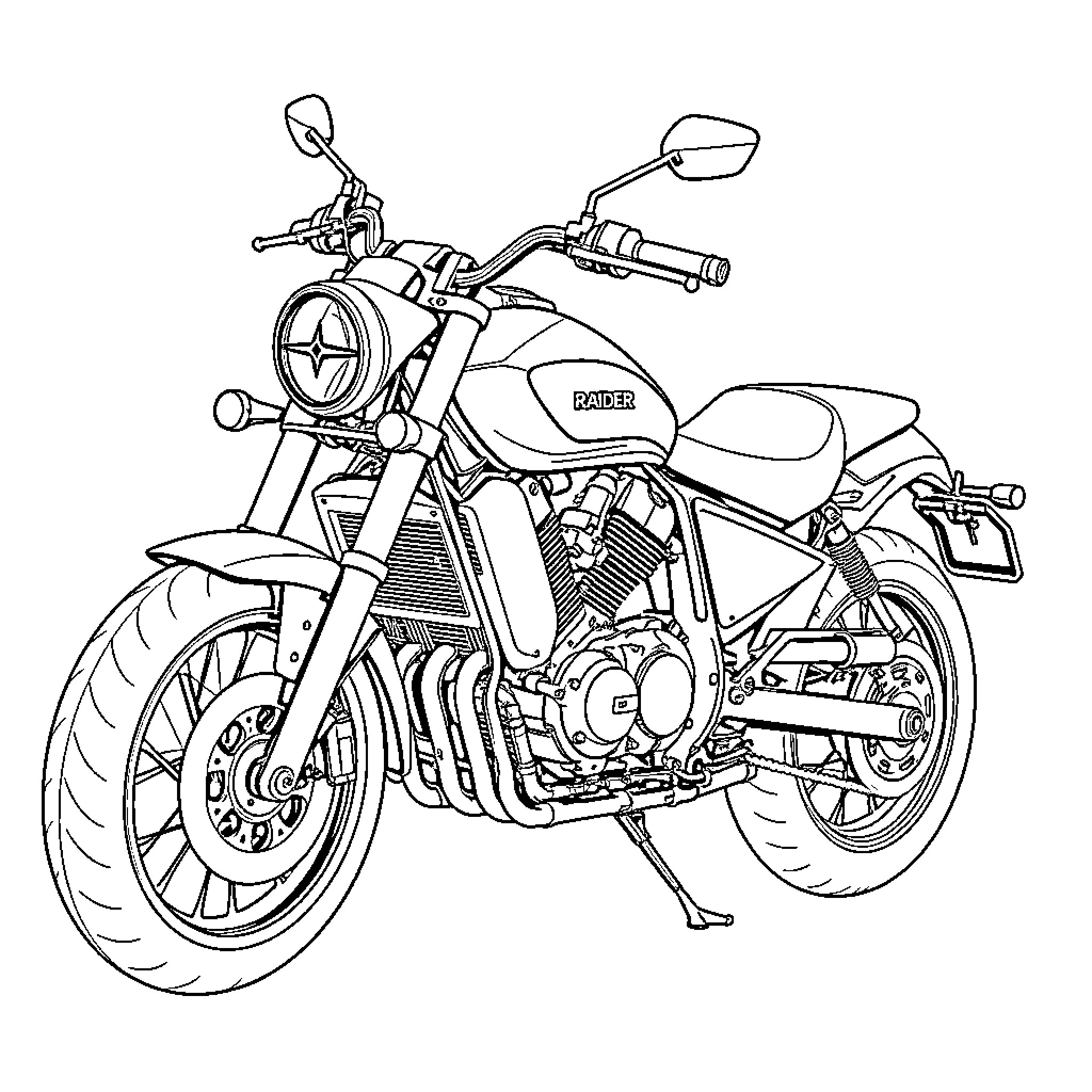 Raider's Motorcycle Majesty: A Bold Outline Coloring Page (free black-and-white line drawing printable PDF for all, from beginners to advanced learners, including children, teens, adults, and seniors)
