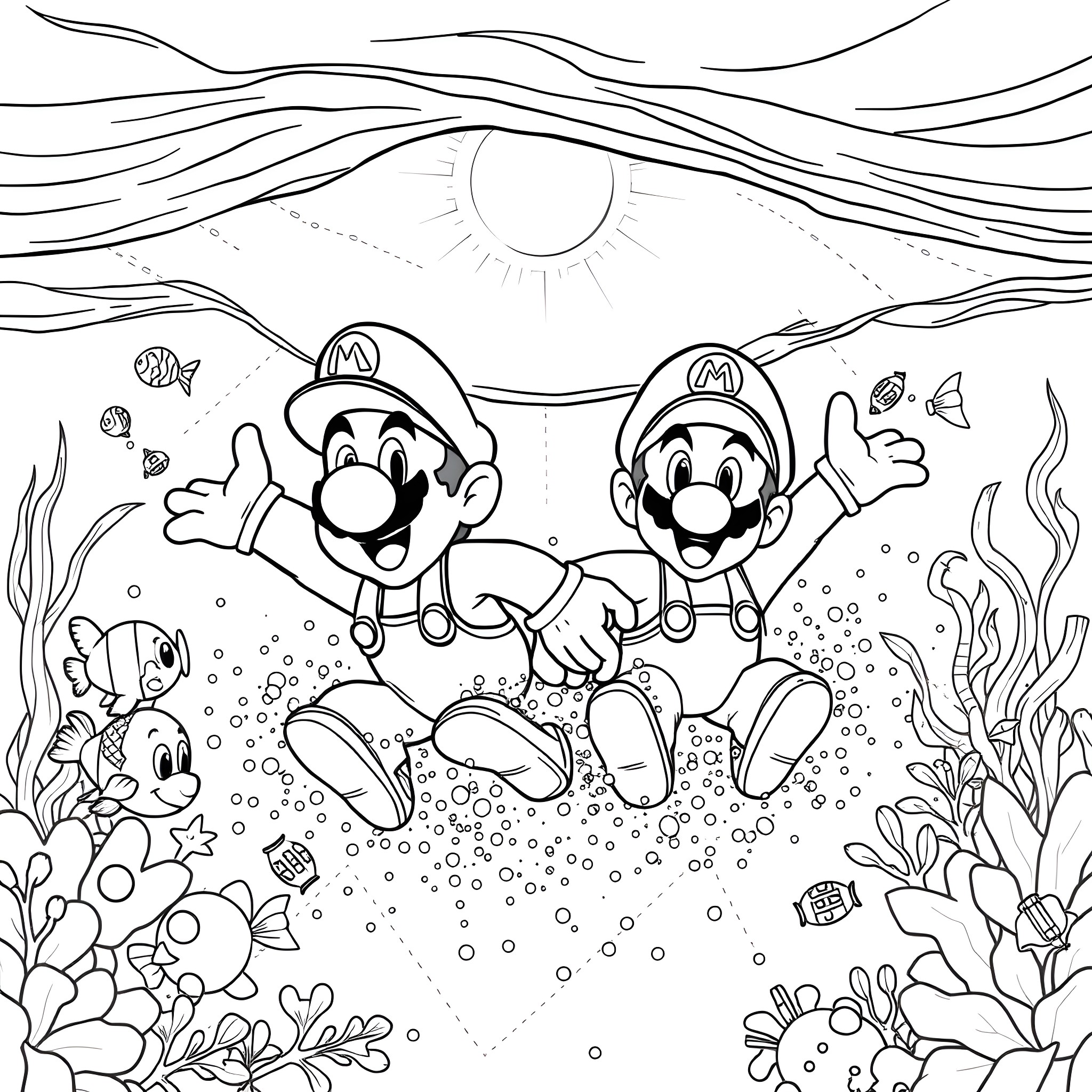 Mario and Luigi exploring an underwater world Coloring Page (free black-and-white line drawing printable PDF for all, from beginners to advanced learners, including children, teens, adults, and seniors)