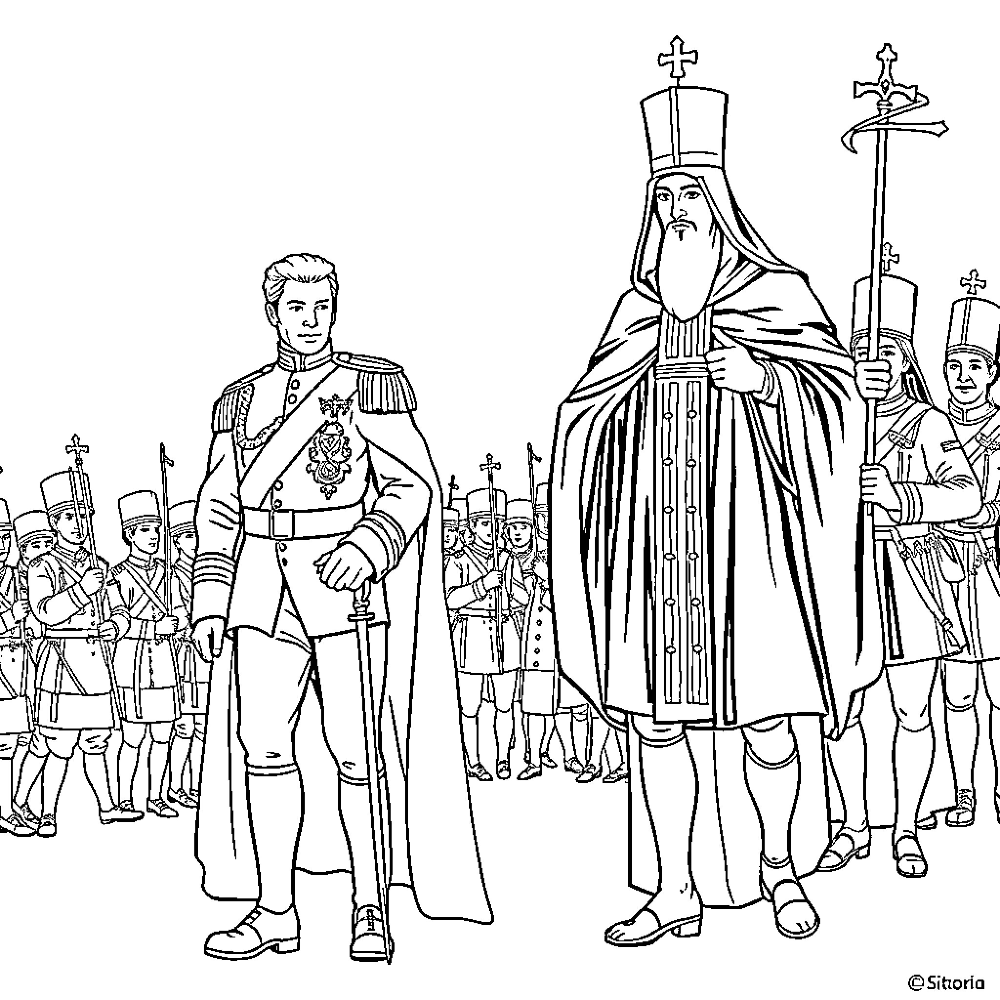 Rey in regal religious ceremony with military procession Coloring Page (free black-and-white line drawing printable PDF for all, from beginners to advanced learners, including children, teens, adults, and seniors)