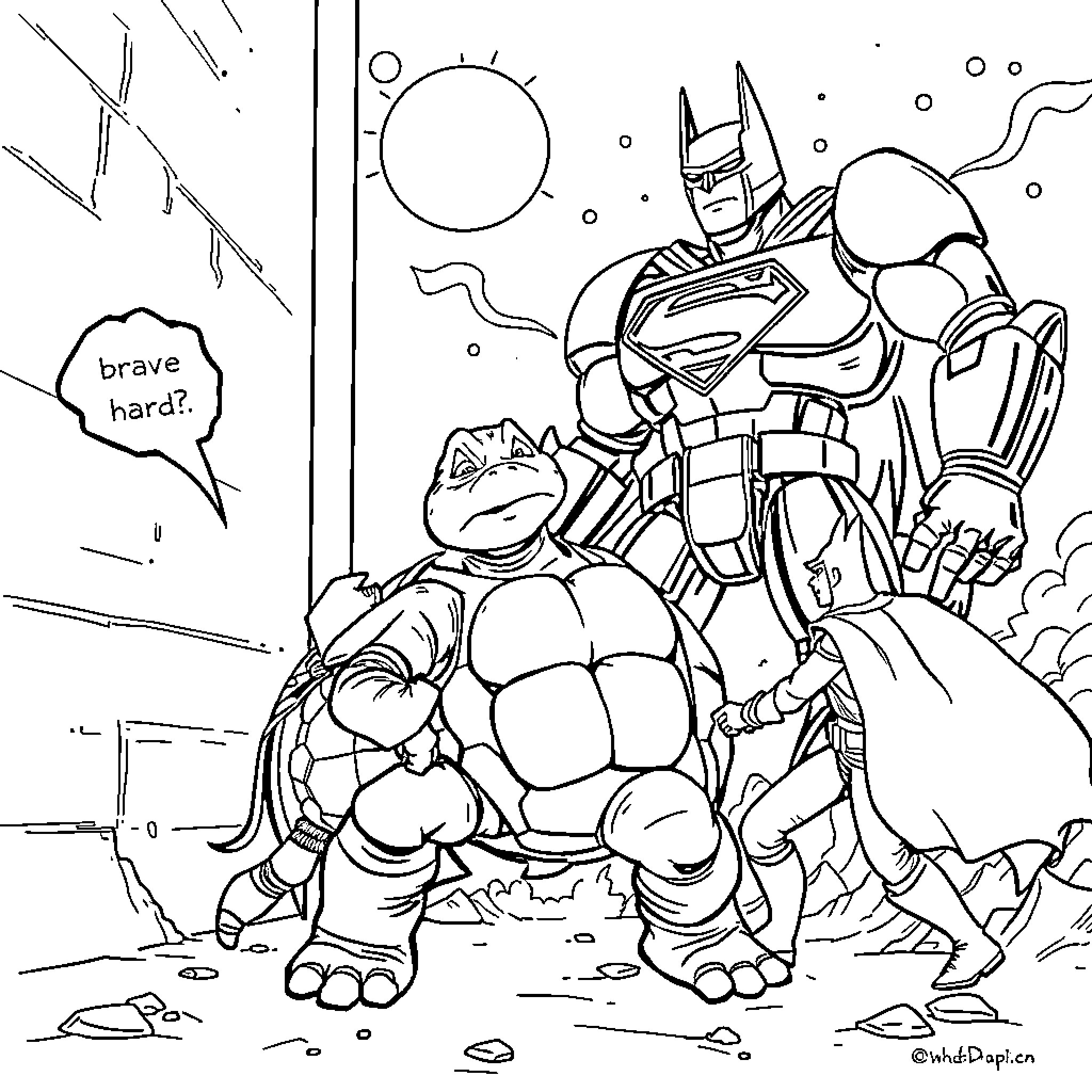 Turtle heroes battling courageously in the desert Coloring Page (free black-and-white line drawing printable PDF for all, from beginners to advanced learners, including children, teens, adults, and seniors)