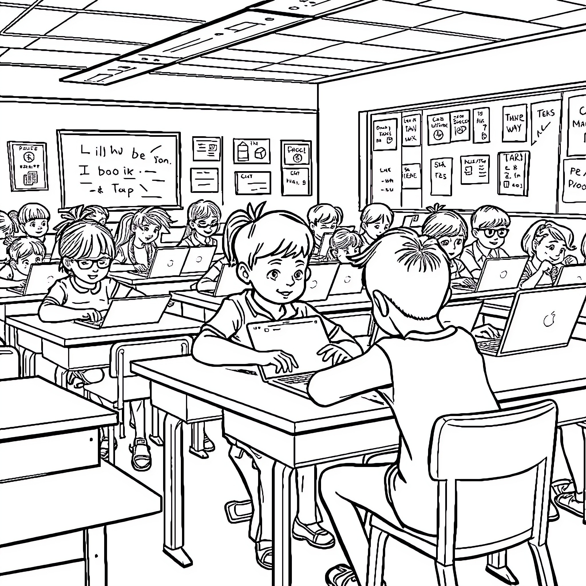 Kid students learning in a classroom Coloring Page (free black-and-white line drawing printable PDF for all, from beginners to advanced learners, including children, teens, adults, and seniors)