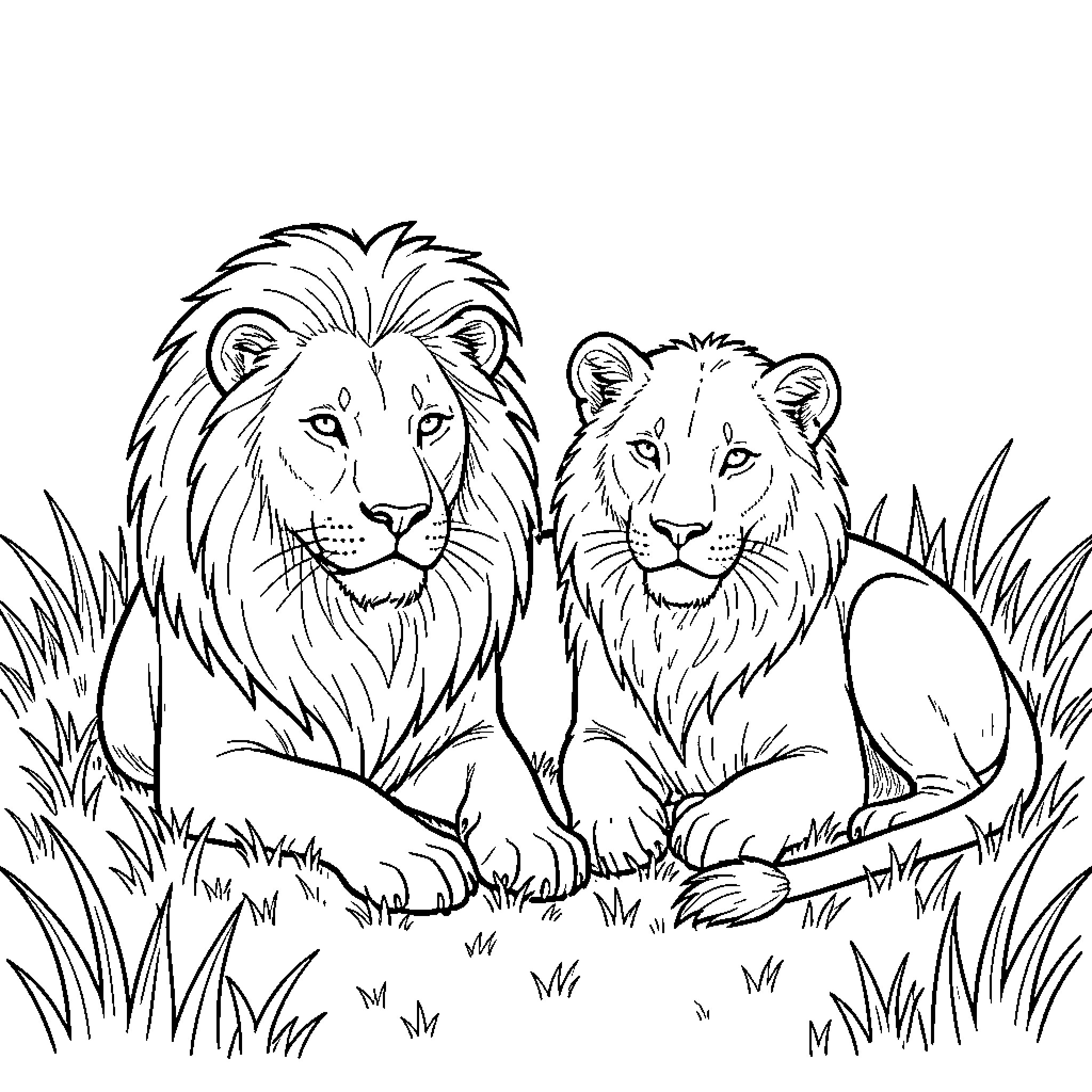 Lion pair resting together in the tall grass Coloring Page (free black-and-white line drawing printable PDF for all, from beginners to advanced learners, including children, teens, adults, and seniors)