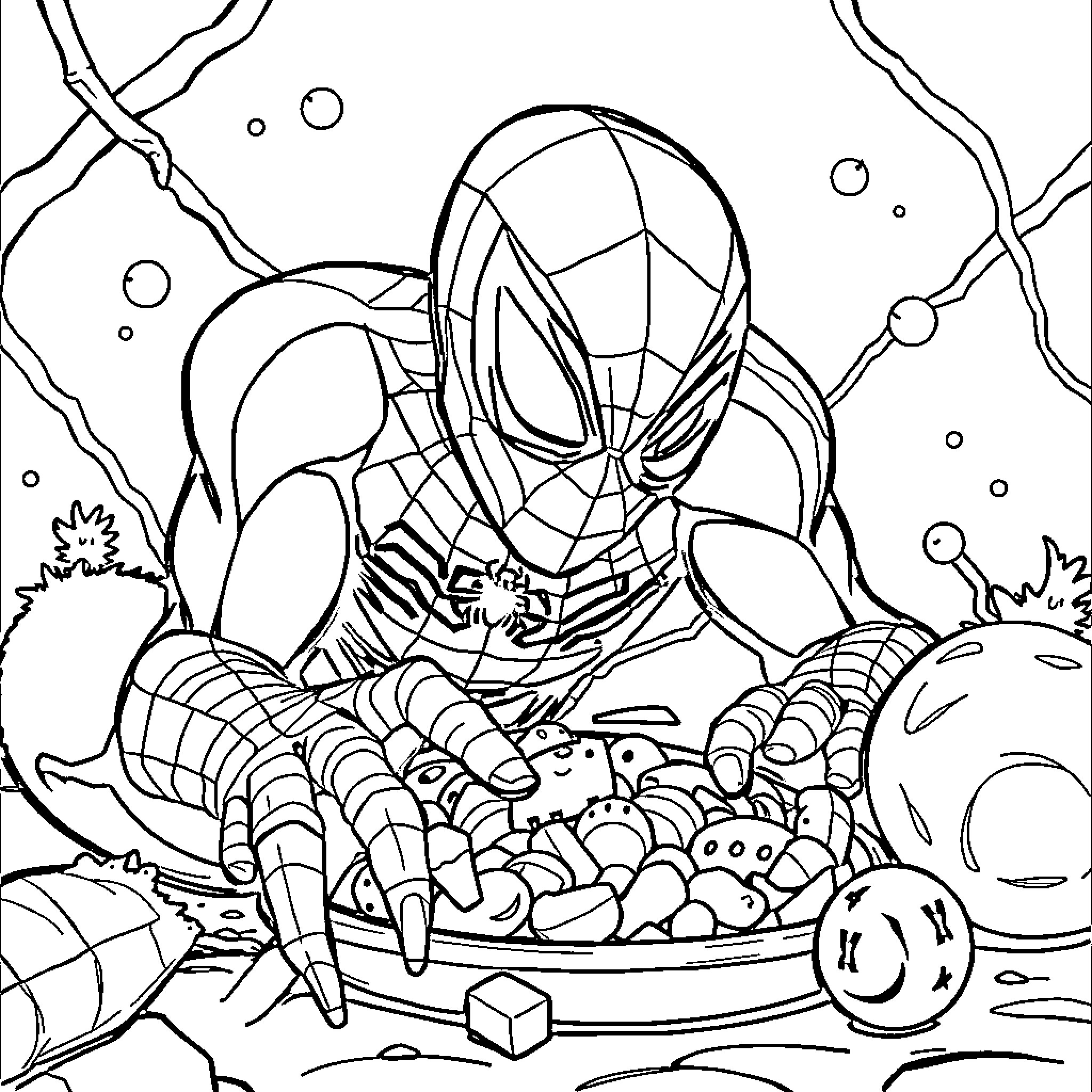 Spiderman exploring a mysterious underwater world Coloring Page (free black-and-white line drawing printable PDF for all, from beginners to advanced learners, including children, teens, adults, and seniors)
