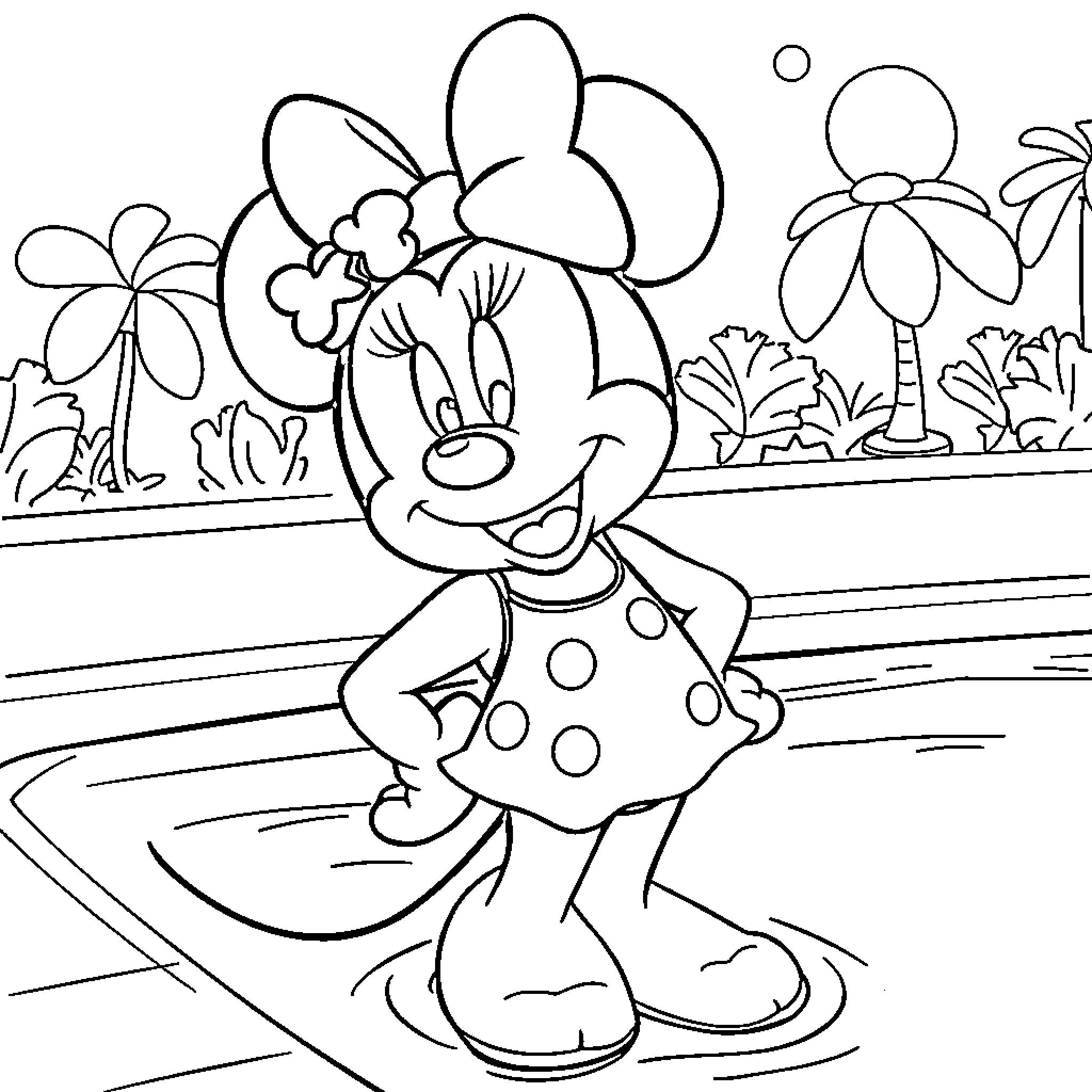 Minnie's Tropical Adventure Coloring Page (free black-and-white line drawing printable PDF for all, from beginners to advanced learners, including children, teens, adults, and seniors)