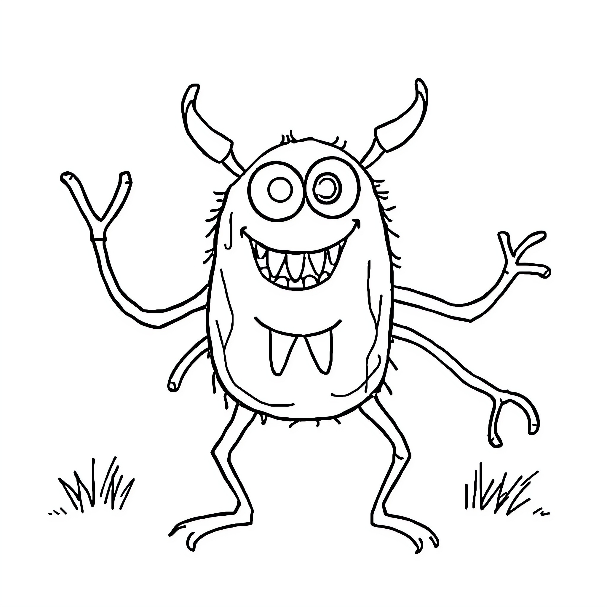 Monster happily waving with exaggerated features Coloring Page (free black-and-white line drawing printable PDF for all, from beginners to advanced learners, including children, teens, adults, and seniors)