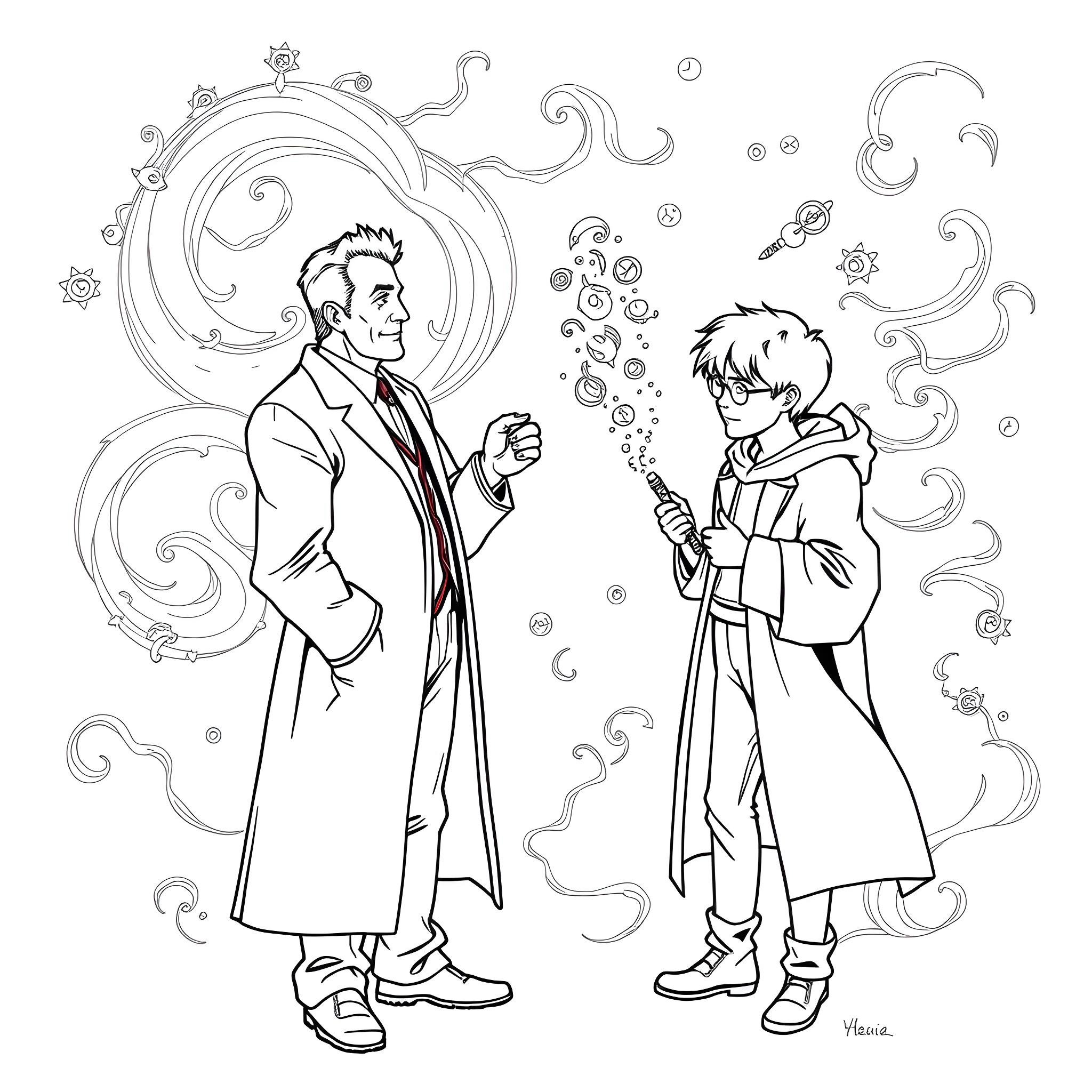 Doctor Who Characters in Whimsical Sci-Fi Scene Coloring Page (free black-and-white line drawing printable PDF for all, from beginners to advanced learners, including children, teens, adults, and seniors)